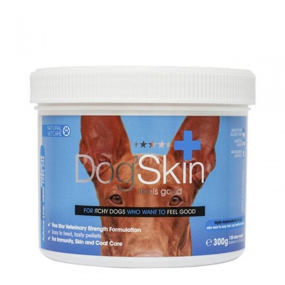 Dog Skin supplement container with a blue label and white lid on a white background