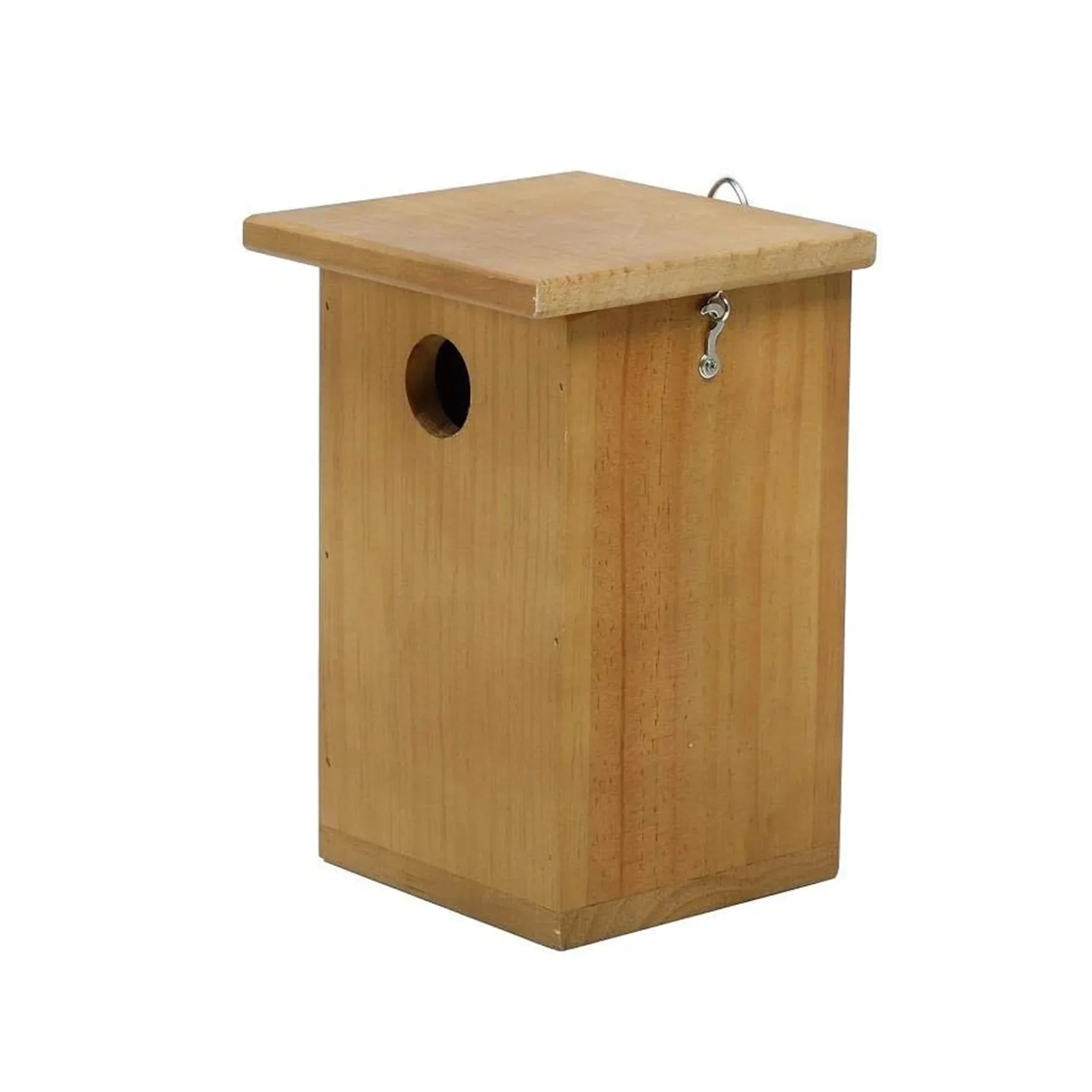 Henry Bell wooden nest box in lightly stained timber with 32mm round entrance hole and silver fittings