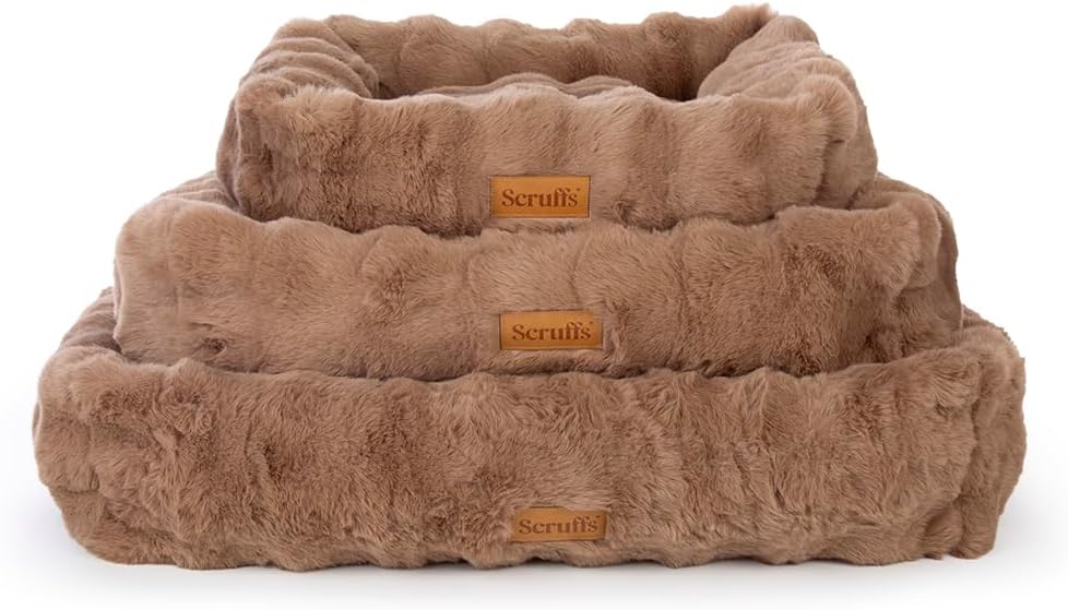 Scruffs Alpine Box Bed XL Taupe - 90x70cm Luxury Faux Fur Dog Bed with Bolster Walls