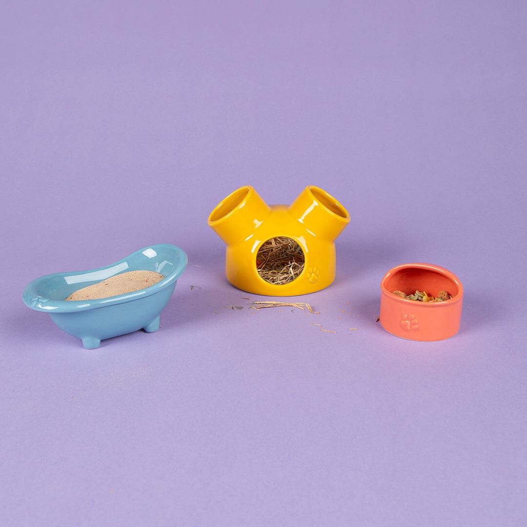 Scruffs Small Pet Colours Ceramic Set – House, Sand Bath & Food Bowl for Hamsters & Gerbils