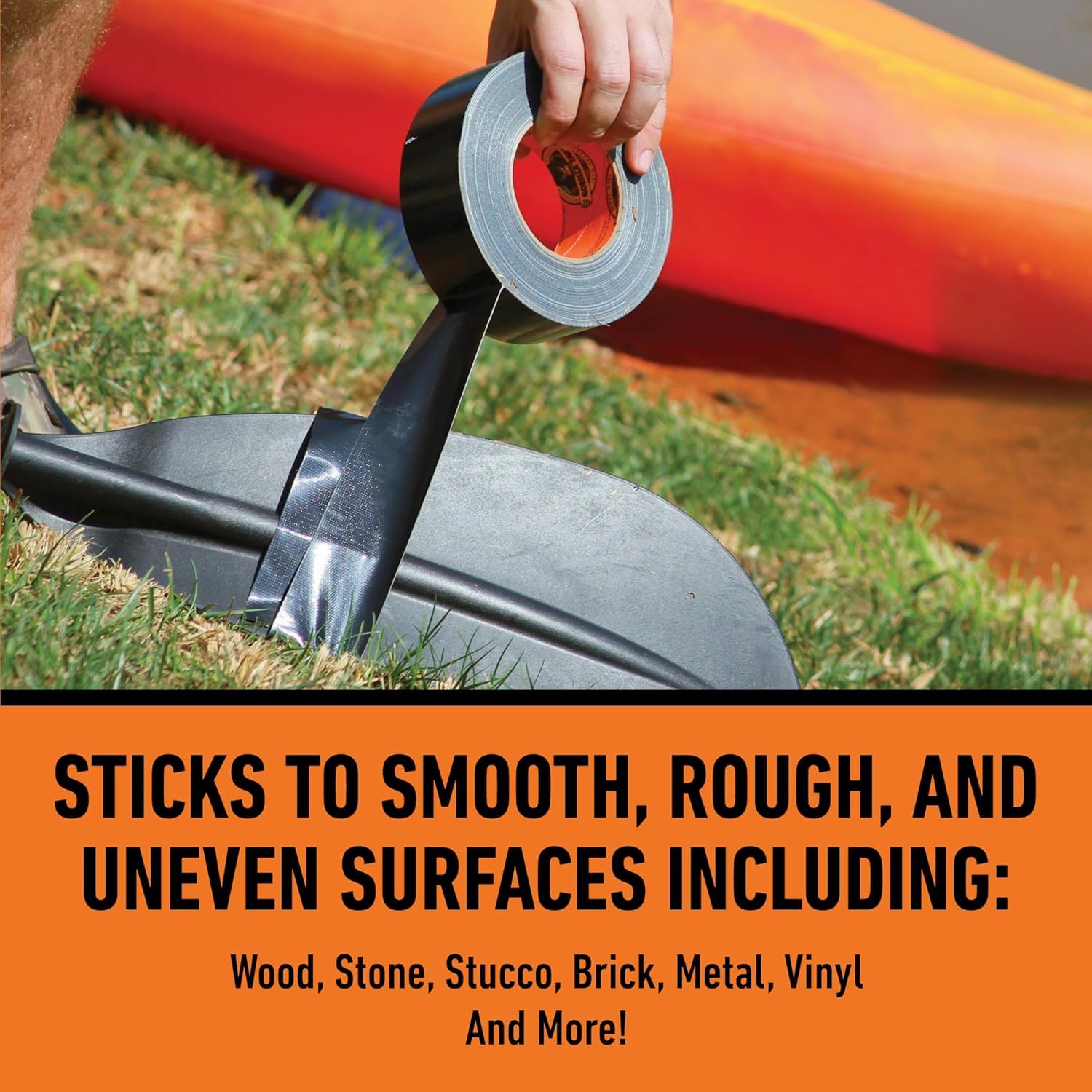 Black Gorilla Tape being applied to a black plastic garden item, with text listing wood, stone, stucco, brick, metal and vinyl