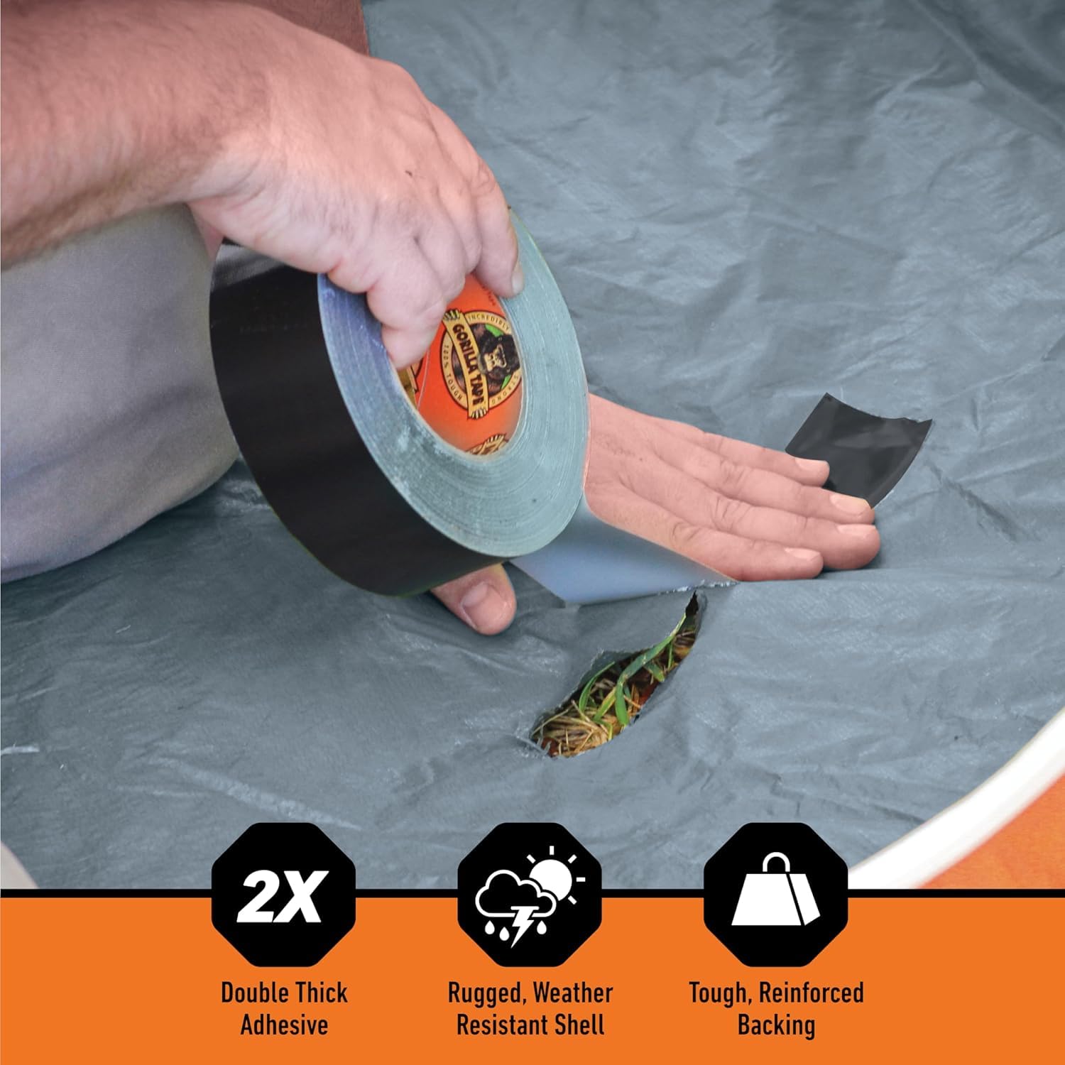 Hand pressing black Gorilla Tape over a hole in a grey tarpaulin, with icons for double-thick adhesive, weather-resistant shell and reinforced backing