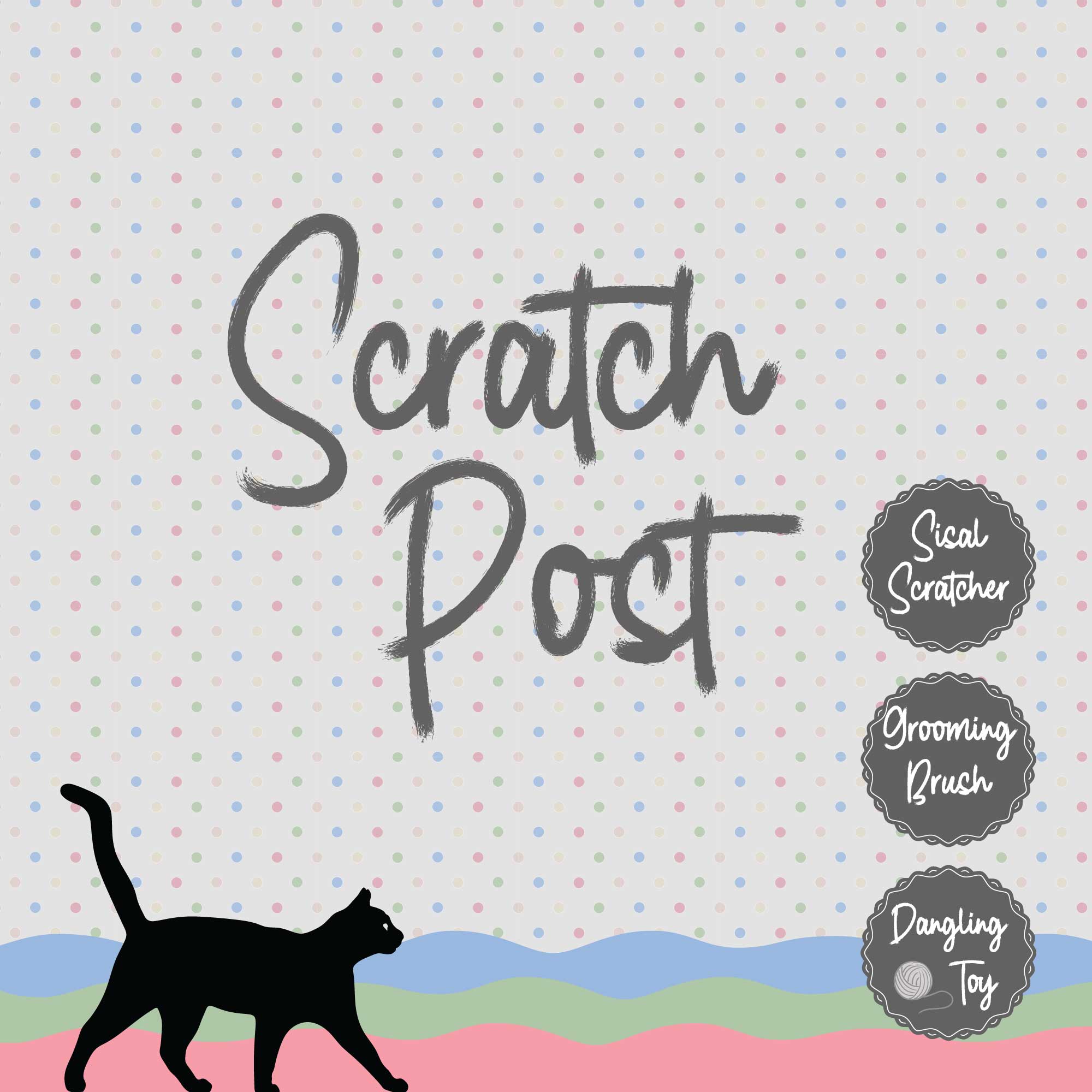 Ancol scratch post features: sisal scratcher, grooming brush and dangling toy