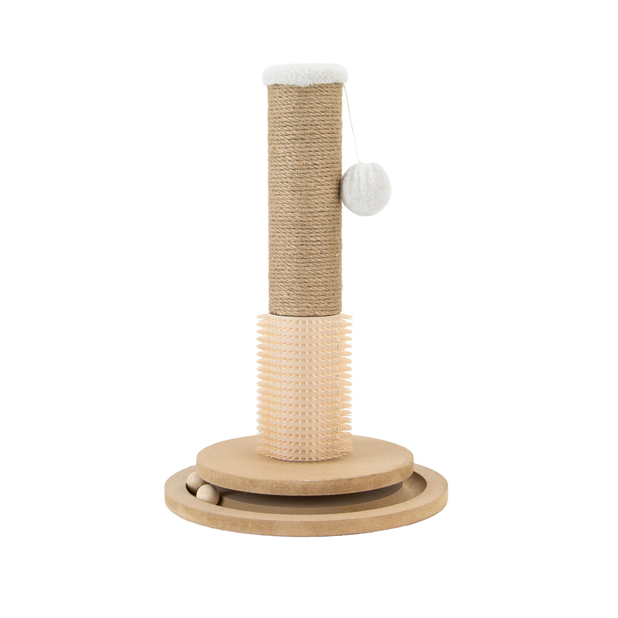 Ancol enrichment and grooming cat scratch post with a ball track base and grooming brush