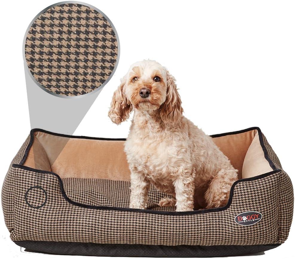 DOGGY STYLE Medium Dog Bed – Luxury Snuggler in Houndstooth Tan (22cm x 60cm x 80cm)