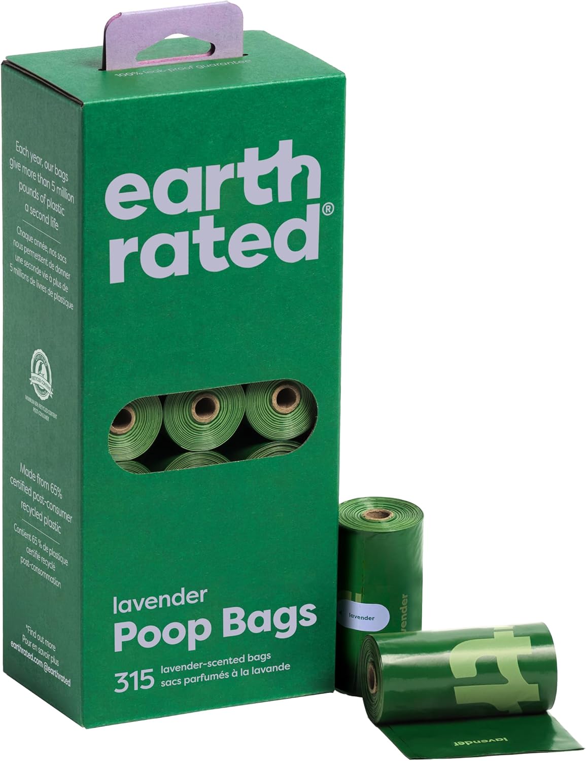 Earth Rated Lavender Scented Poo Bags 21x15cm - 315 Bags (21 Rolls) Leak-Proof Bulk