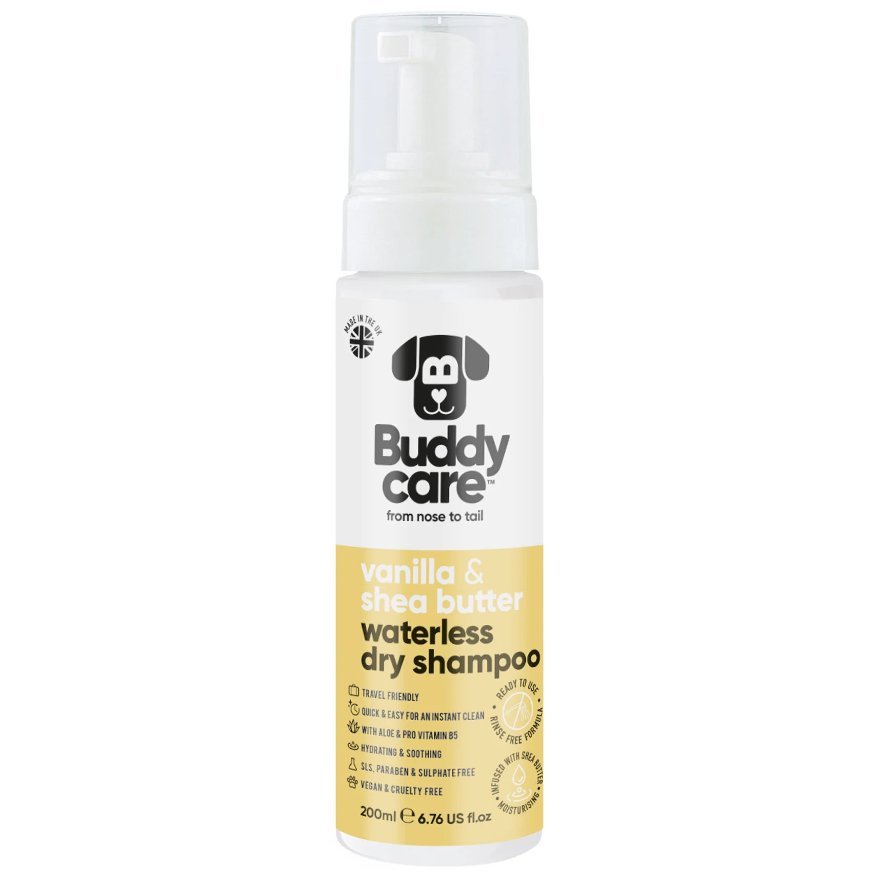 Buddycare Waterless Dog Shampoo – Vanilla & Shea Butter, 200ml