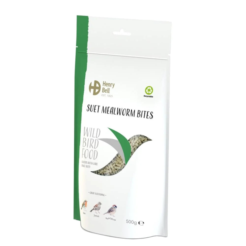 Henry Bell Suet Mealworm Bites 500g – High Energy Wild Bird Suet Pellets with Dried Mealworm