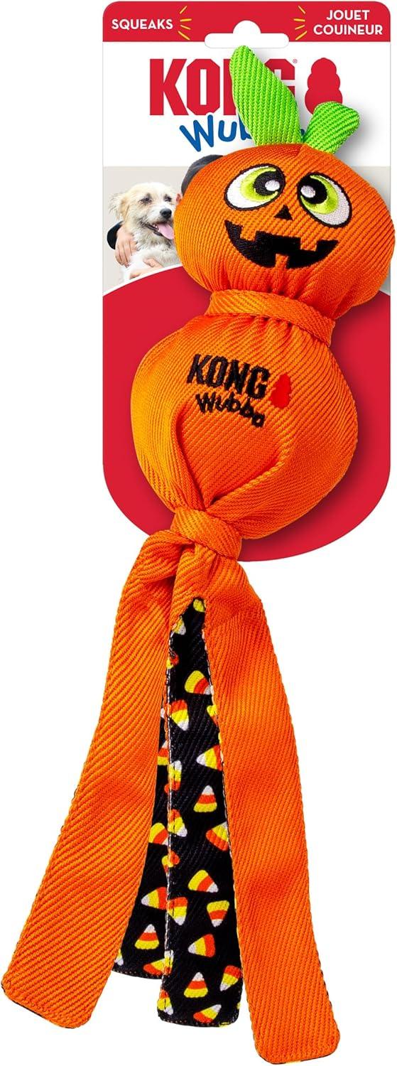 KONG Halloween Wubba Ballistic Dog Toy – Durable Squeaky Tug & Fetch Toy with Floppy Tails – Pumpkin