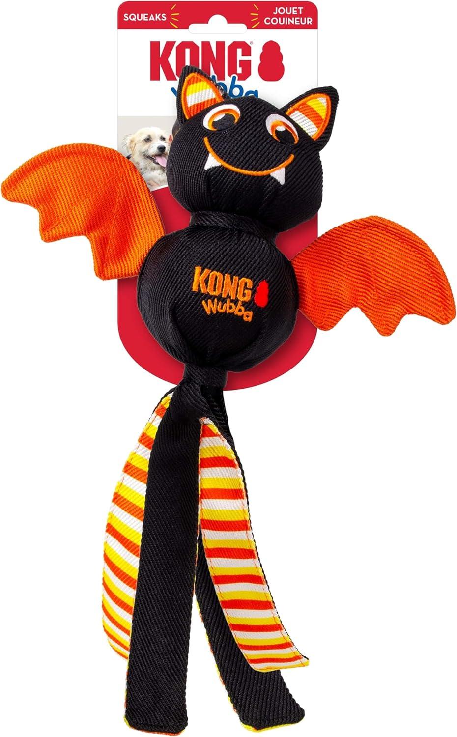 KONG Halloween Wubba Ballistic Dog Toy – Durable Squeaky Tug & Fetch Toy with Floppy Tails – Bat