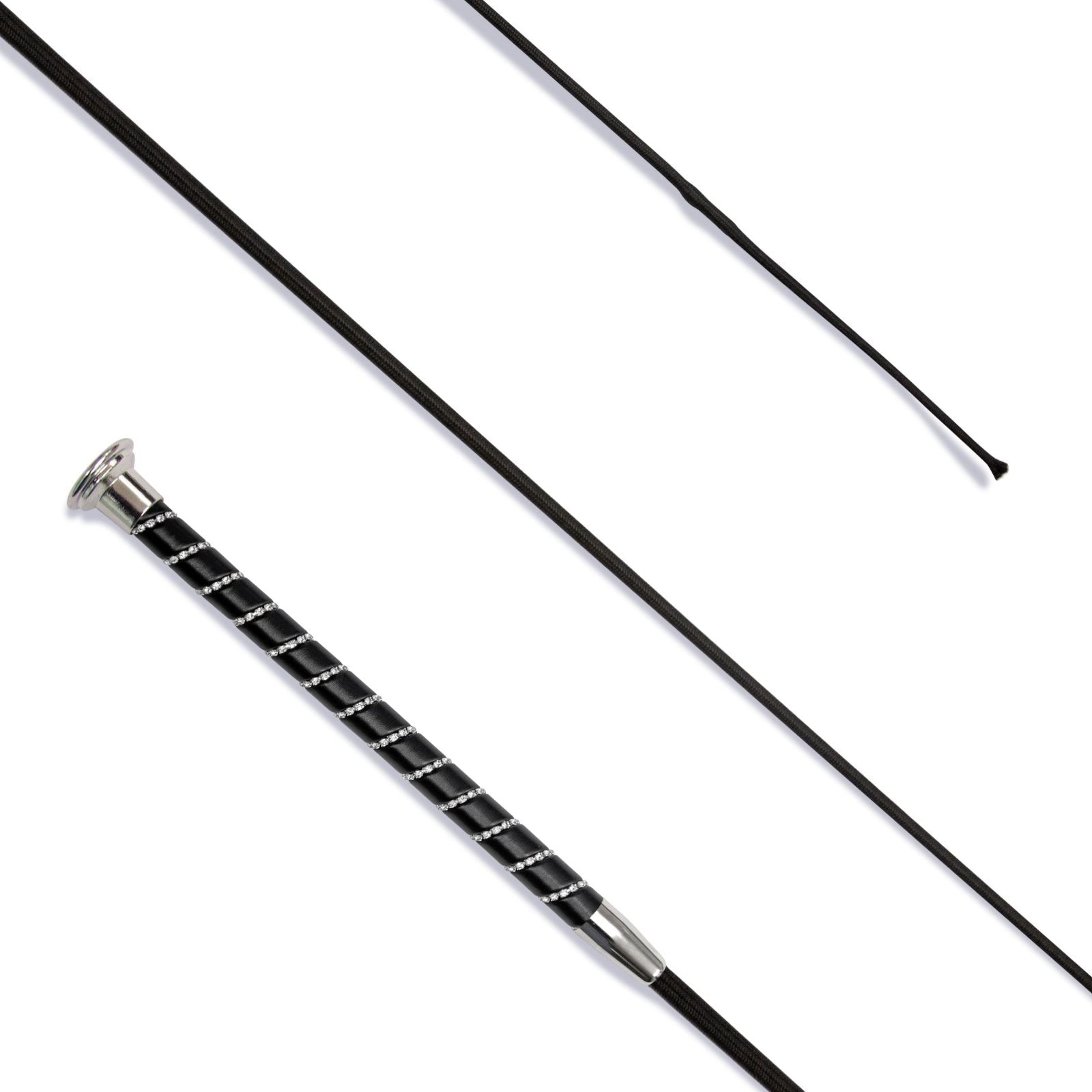 KM Elite Dressage Whip, black grip with silver crystal spiral, 110cm