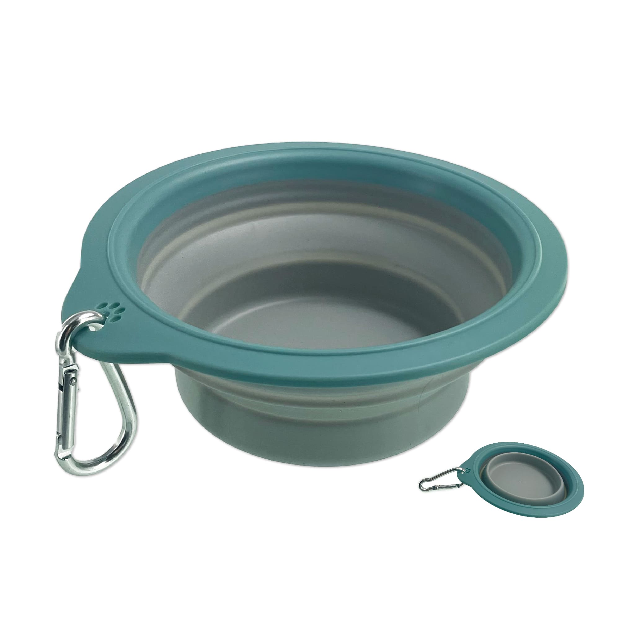 Ancol collapsible travel dog bowl opened out, with a clip on the rim