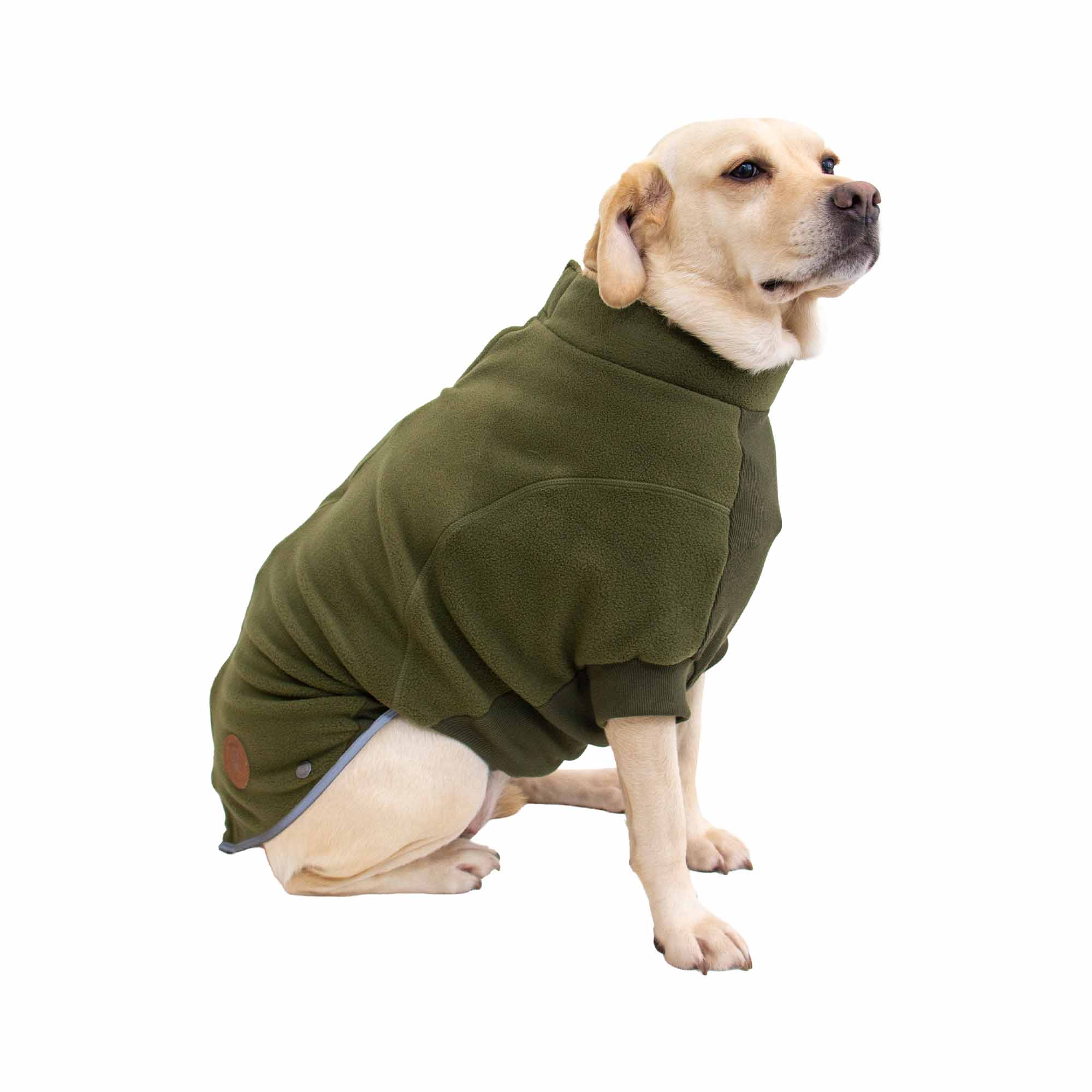 Labrador wearing the khaki Ancol Snug Fit polar fleece jumper, side view