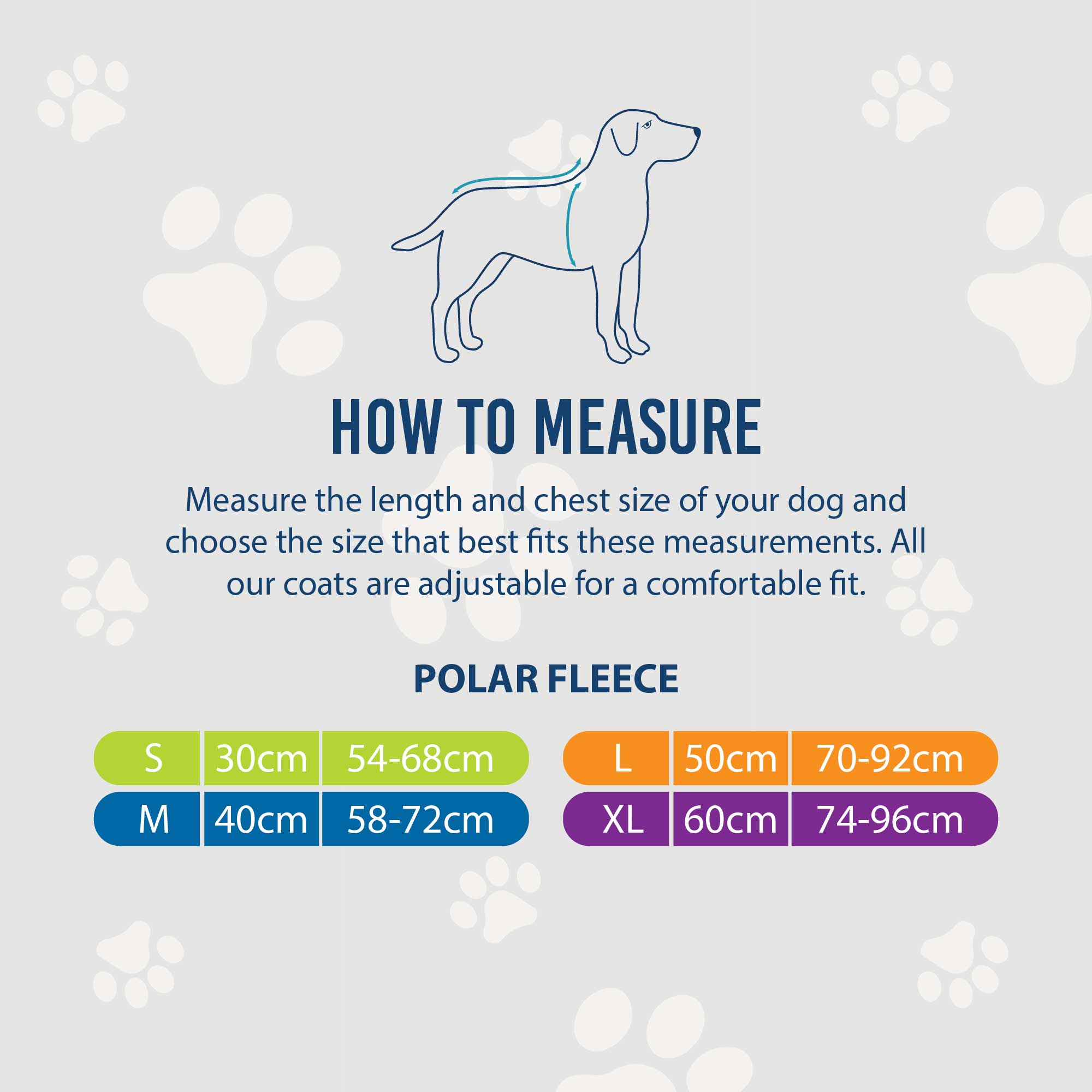 Ancol polar fleece size chart: small is 30cm long with a 54–68cm girth