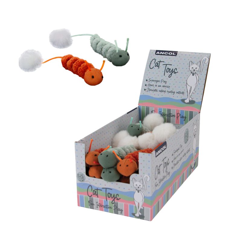 Ancol Pom Pom Caterpillars Display Box Cat Toy Interactive Soft Plush Toys