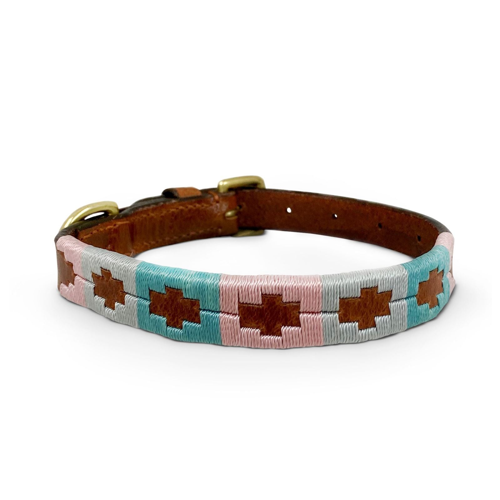 KM Elite Argentinian Leather Dog Collar – Medium, Pink/Grey/Pastel Blue