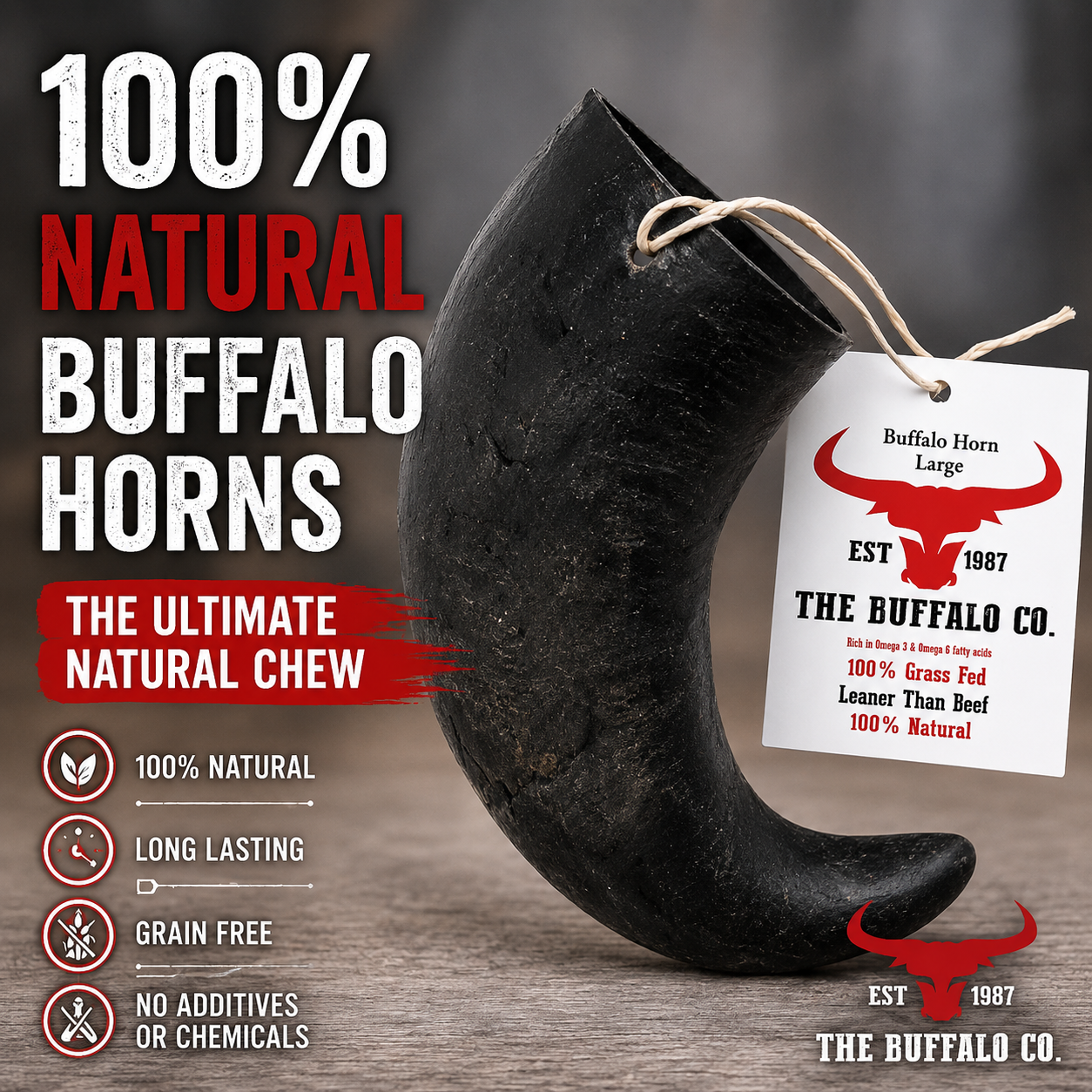 The Buffalo Co. Buffalo Horn – Large Natural Dog Chew