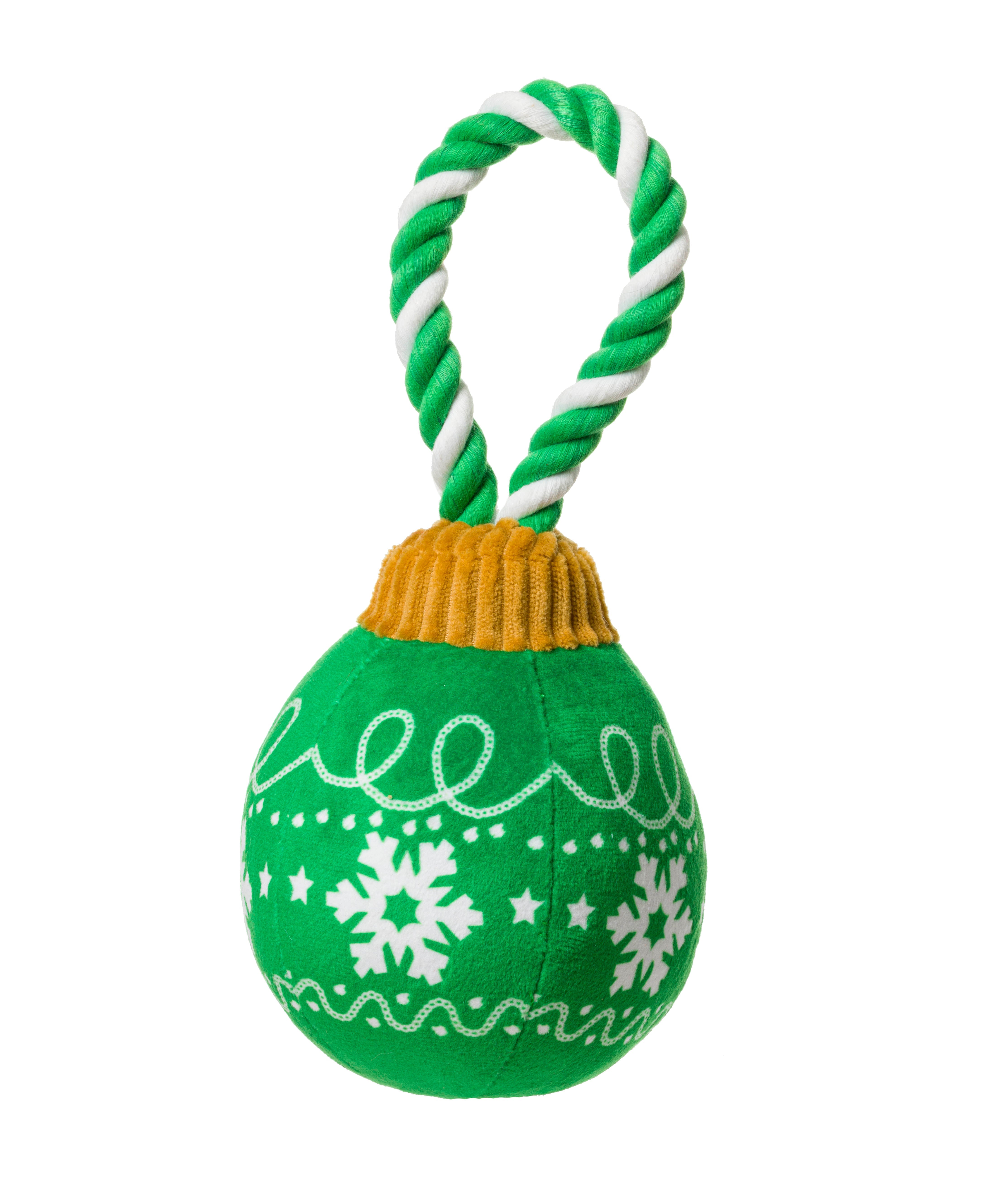 House of Paws Christmas Bauble Rope Toy – Green Plush & Rope Dog Toy