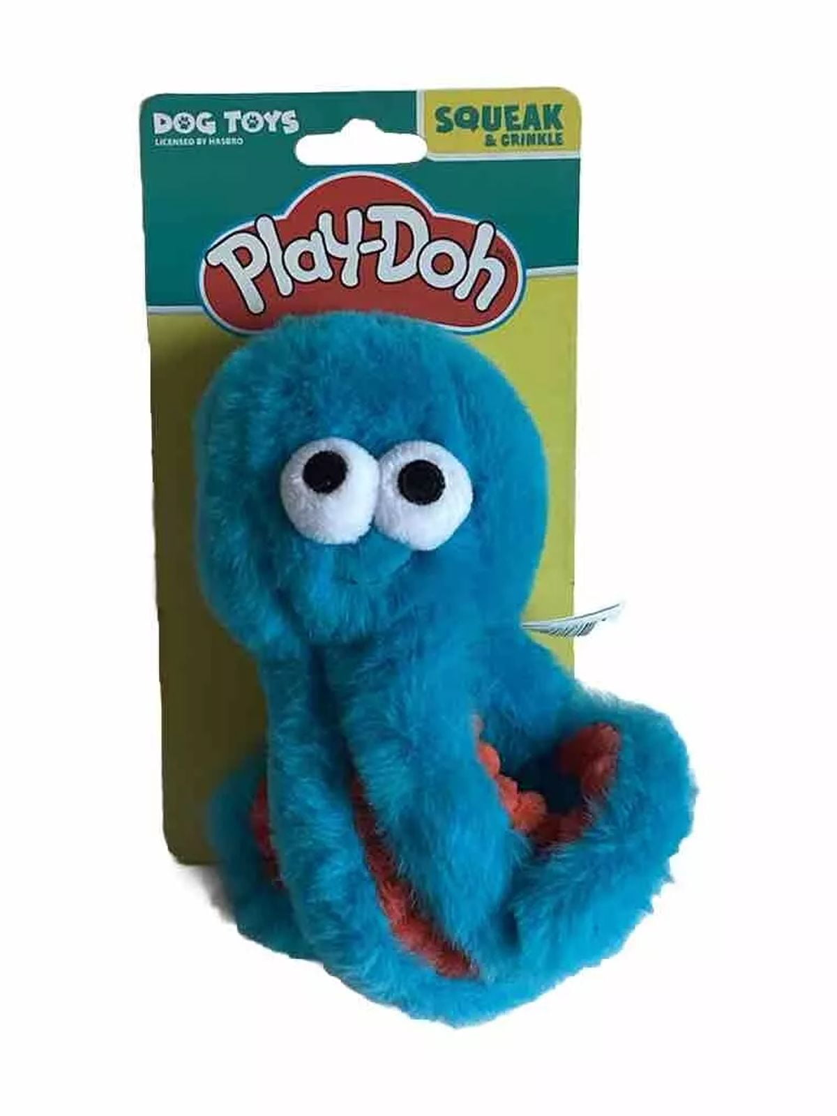 Hasbro Play-Doh squeak and crinkle small octopus dog toy, blue and red, 6.5 inches