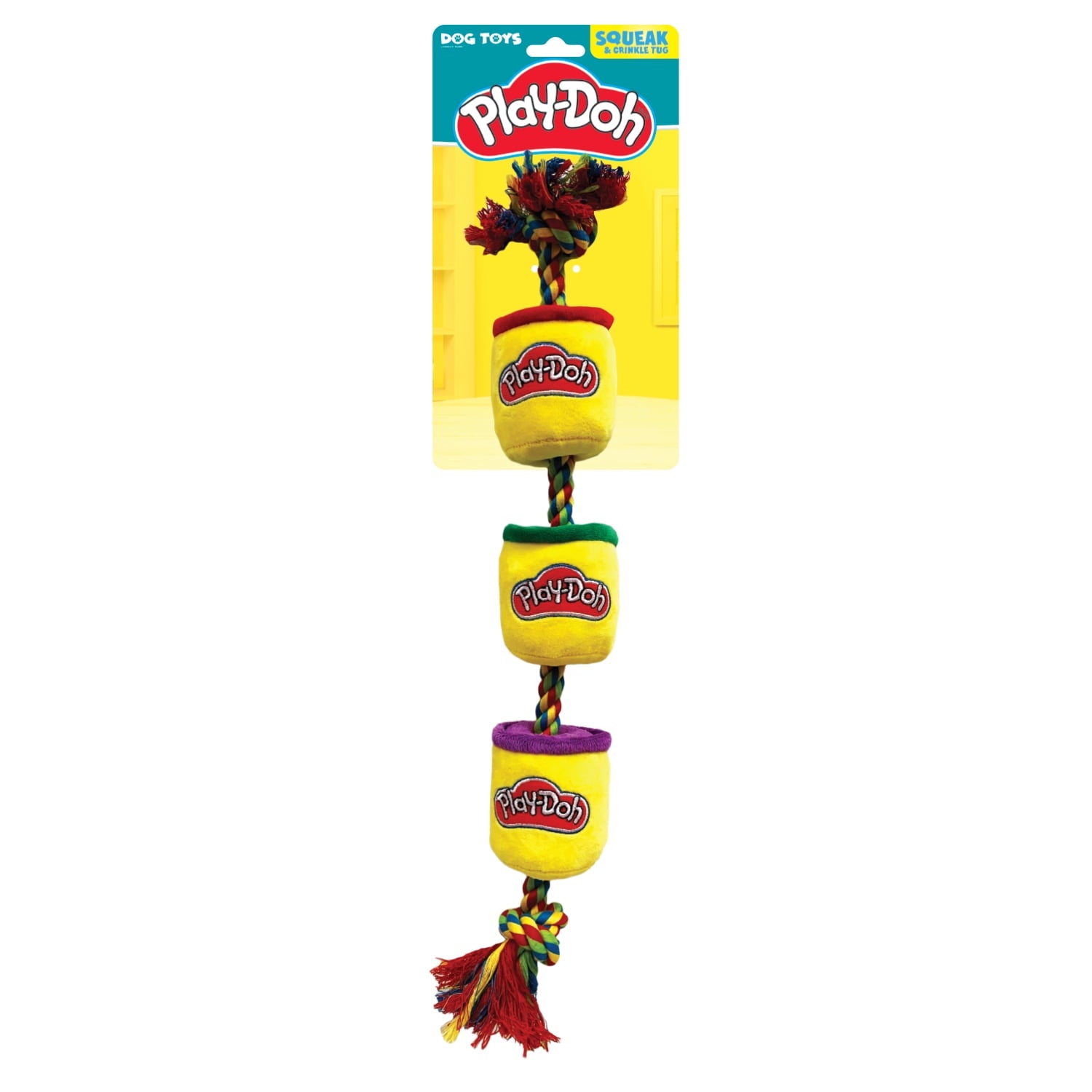 Hasbro Play-Doh 18-inch plush cans dog toy in yellow, green and red with rope tug