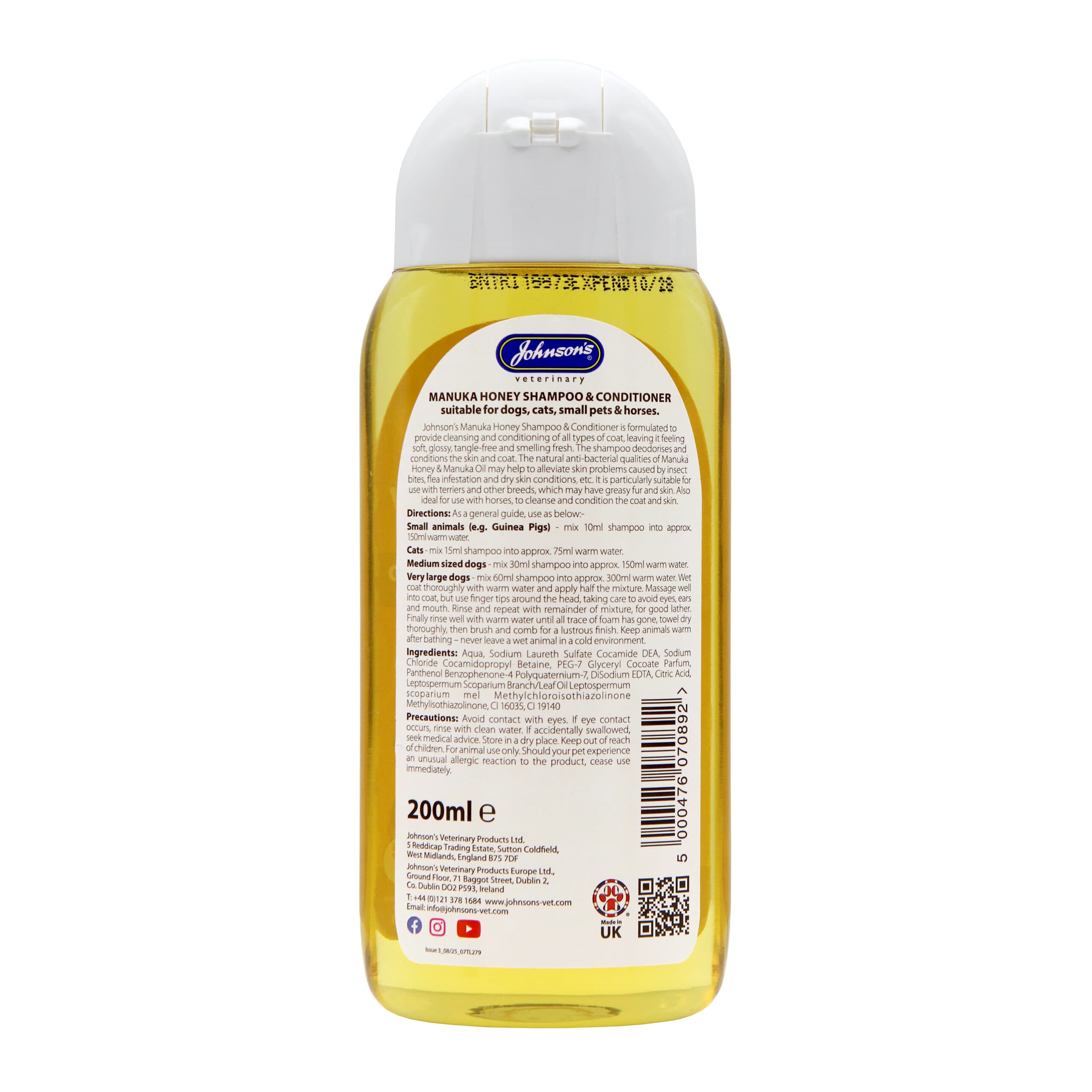 Johnson's Manuka Honey Shampoo – 200ml for Dogs, Cats and Small Animals
