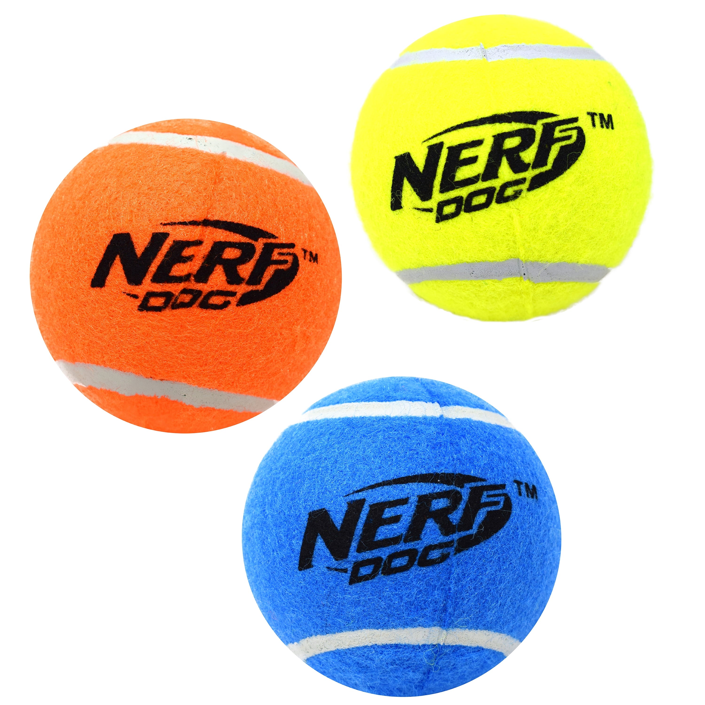 Nerf Dog 2.5 inch squeak tennis balls, 3 pack, blue yellow and orange