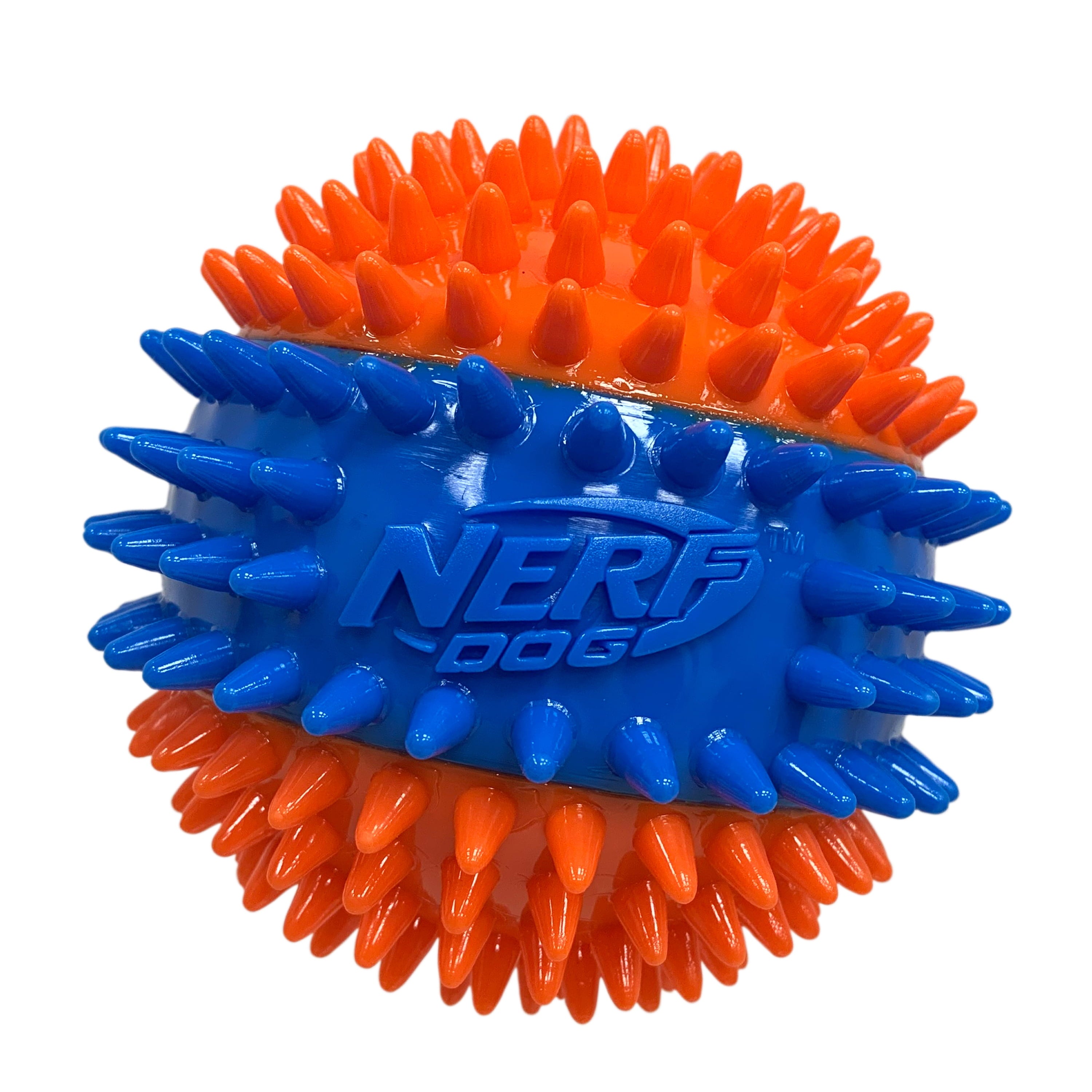Nerf Dog squeak spike ball dog toy, orange and blue