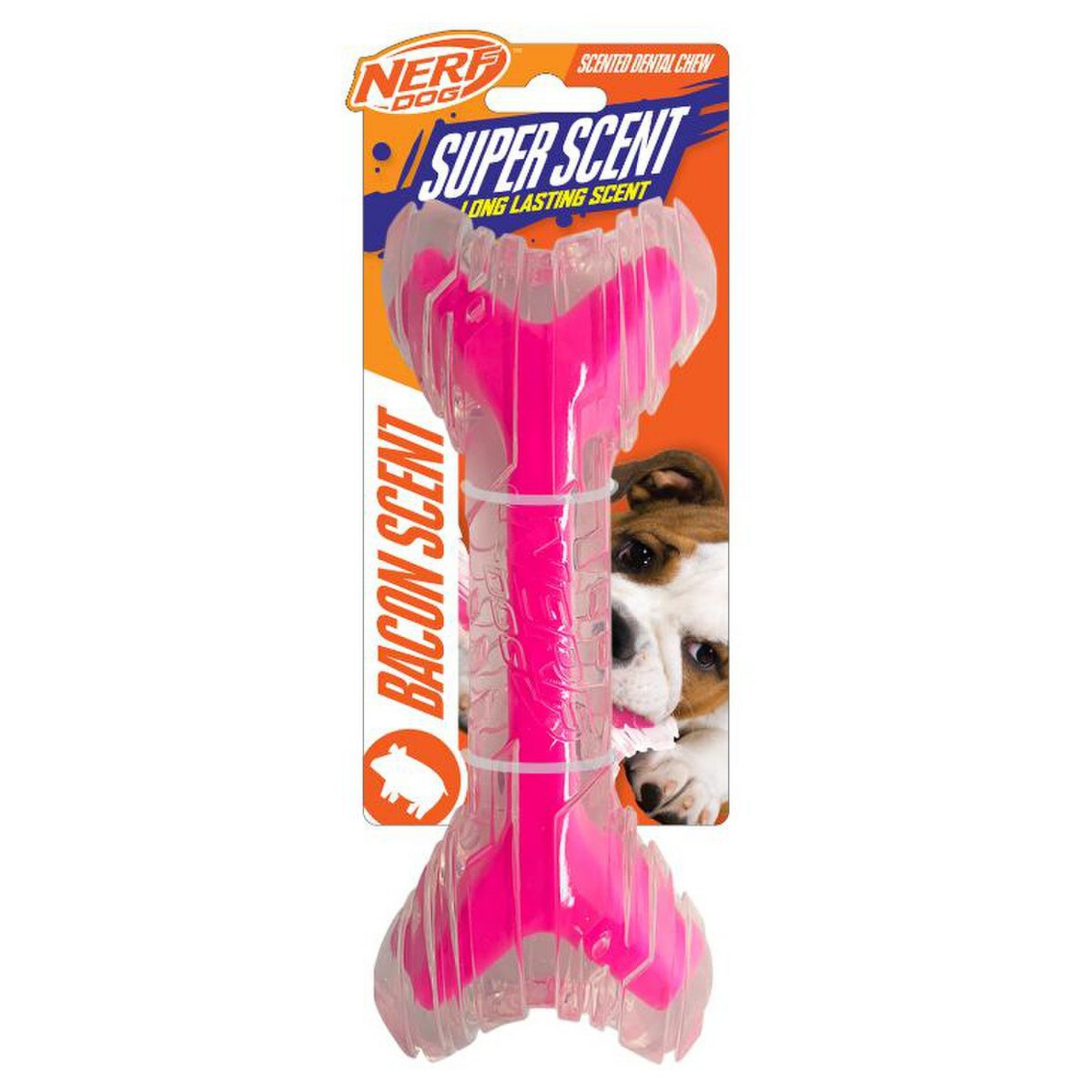Nerf Dog Bacon Scented Super Scent Bone Solid Core dog toy, 9 inch, clear and pink
