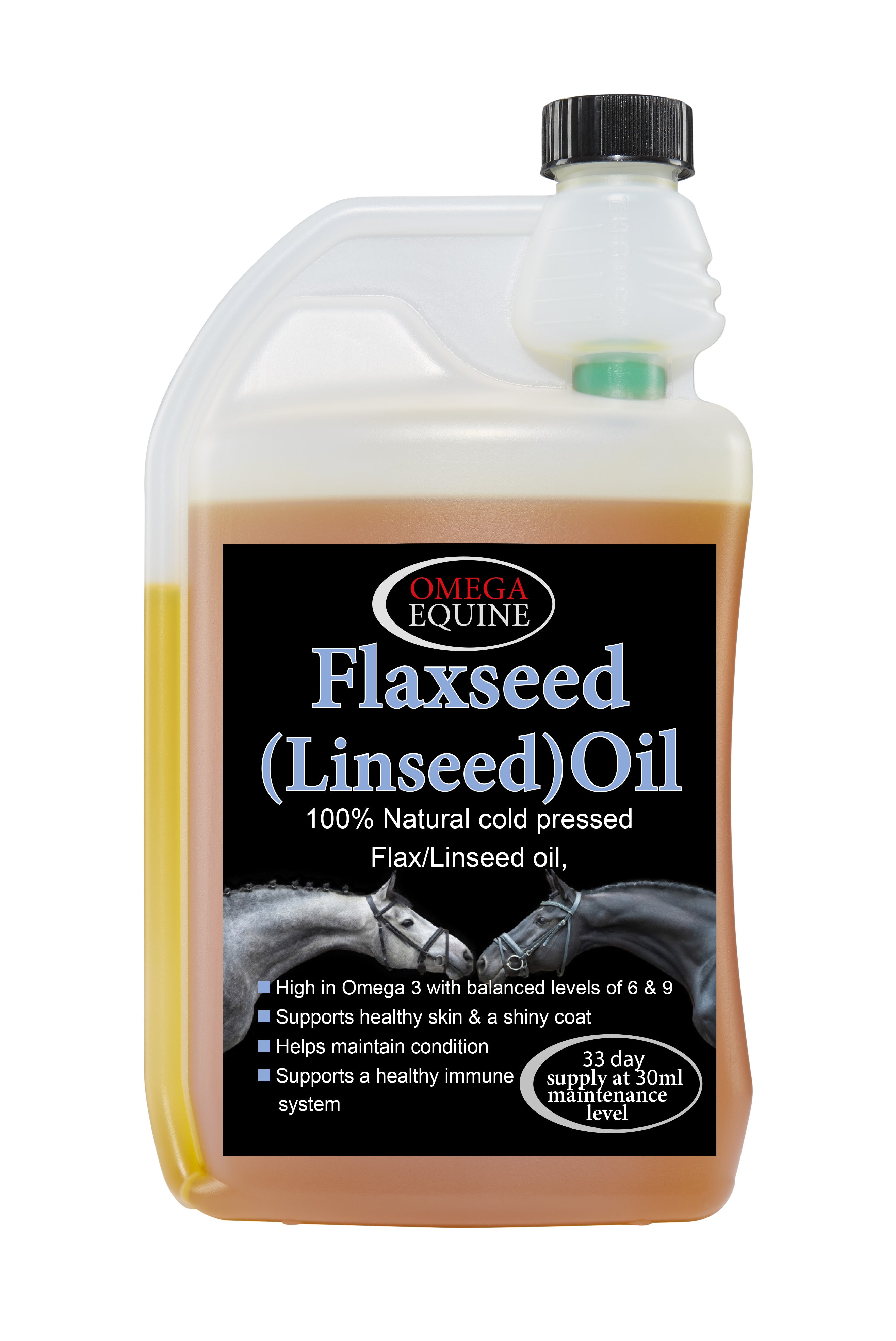 Omega Equine Flax Oil, 1 litre bottle of cold pressed linseed oil for horses