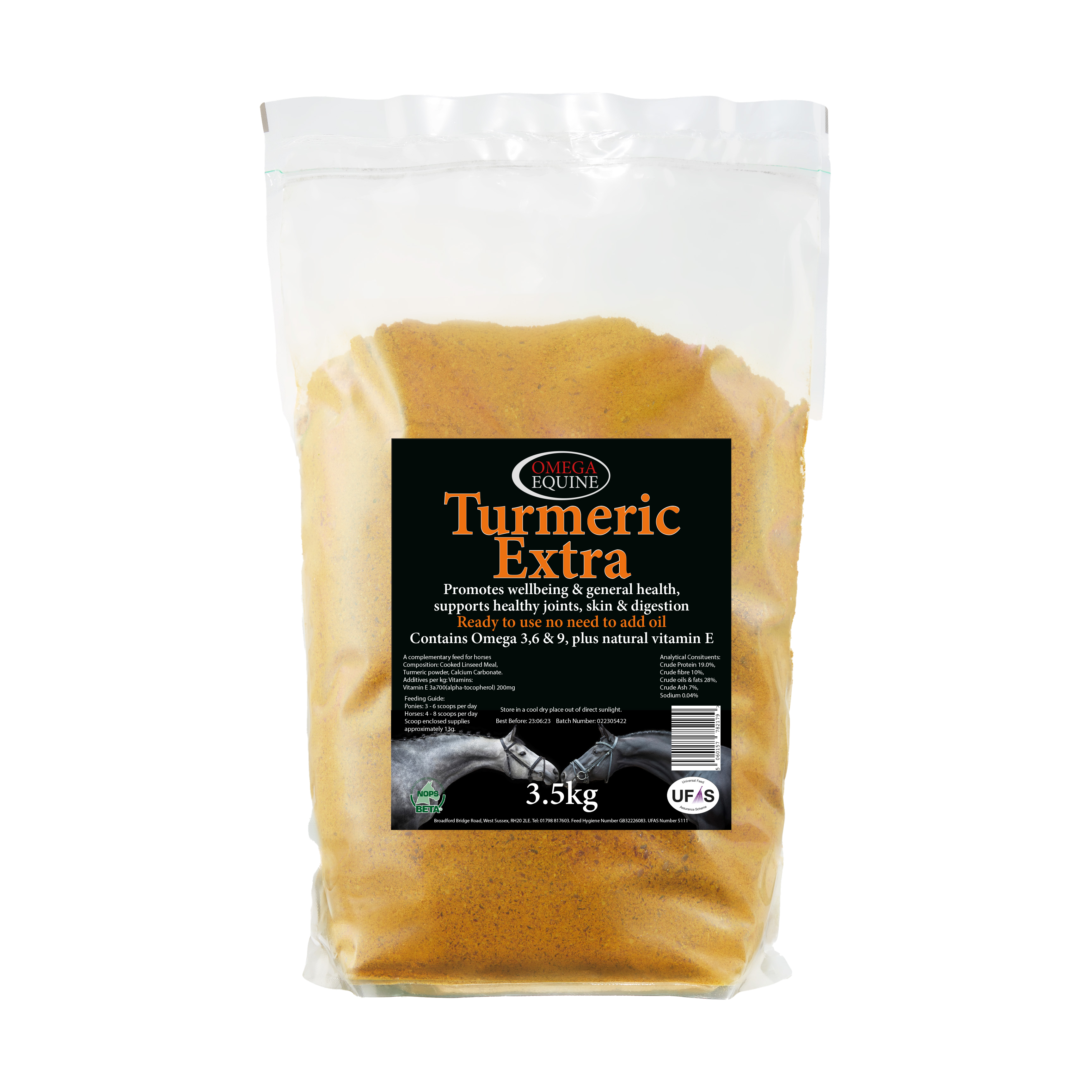 Omega Equine Turmeric Extra 3.5kg tub, turmeric and cooked linseed supplement for horses