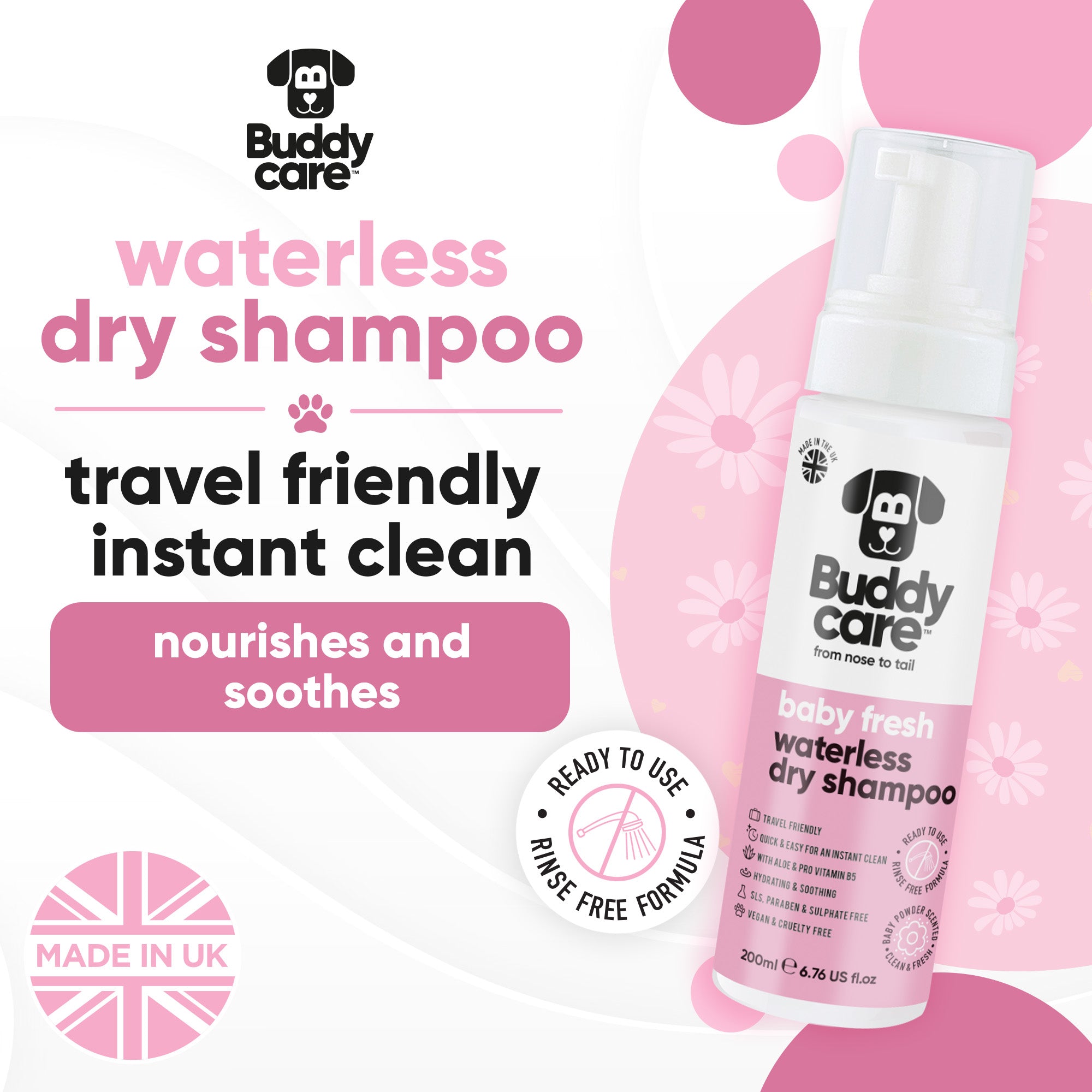Buddycare Baby Fresh waterless dog shampoo – key features