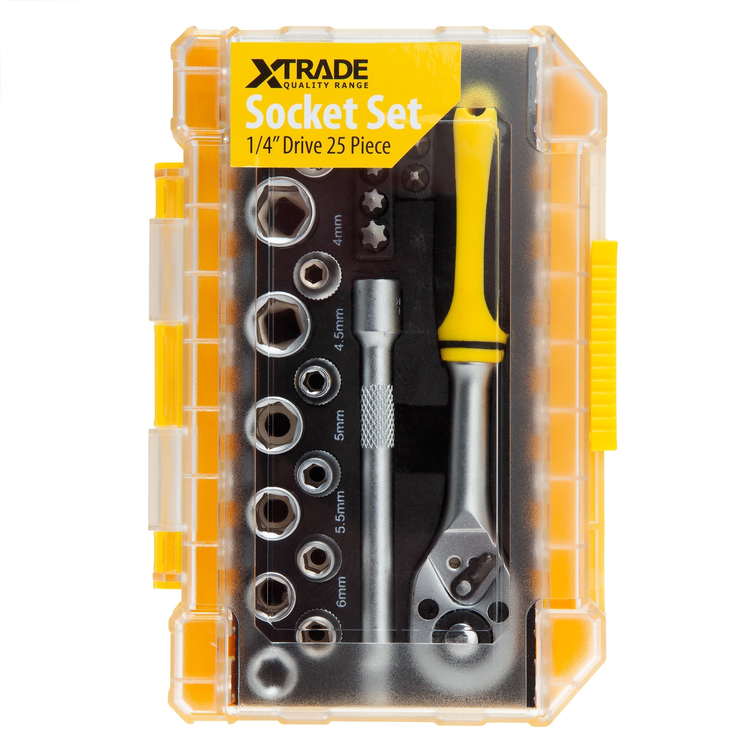 XTrade Socket Set 1/4in Drive 25 Piece in its closed yellow case with clear lid