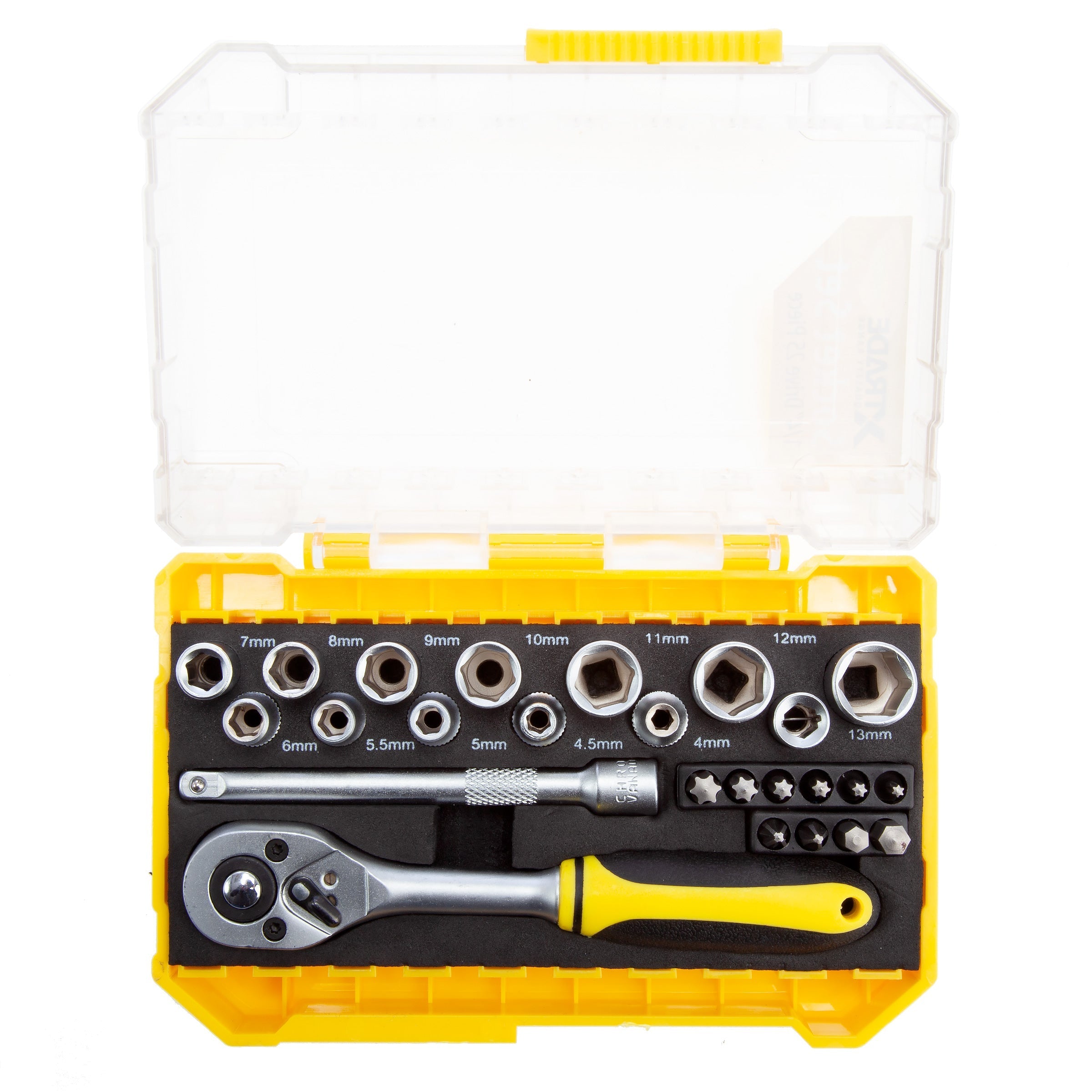 XTrade 1/4in socket set from above: 12 sockets 4-13mm, extension bar, ratchet and 10 bits