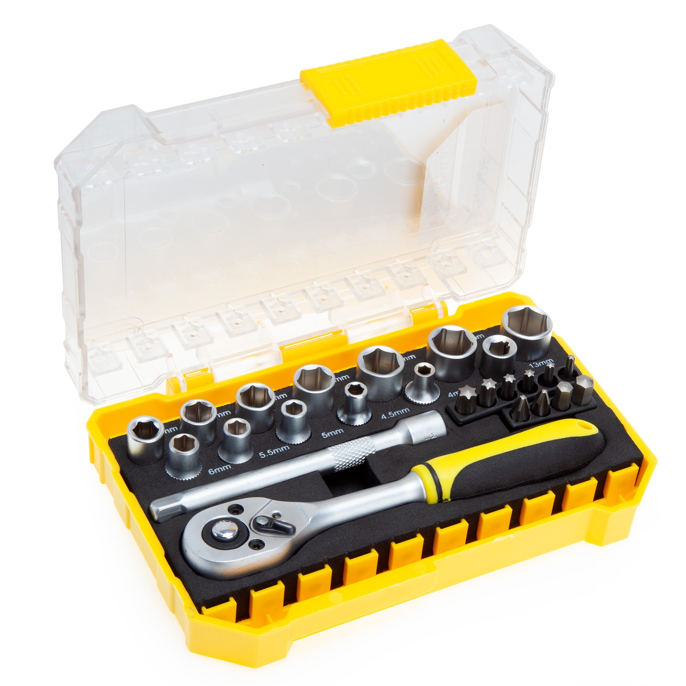 XTrade 25-piece 1/4in drive socket set open in its yellow case, showing ratchet, sockets and bits
