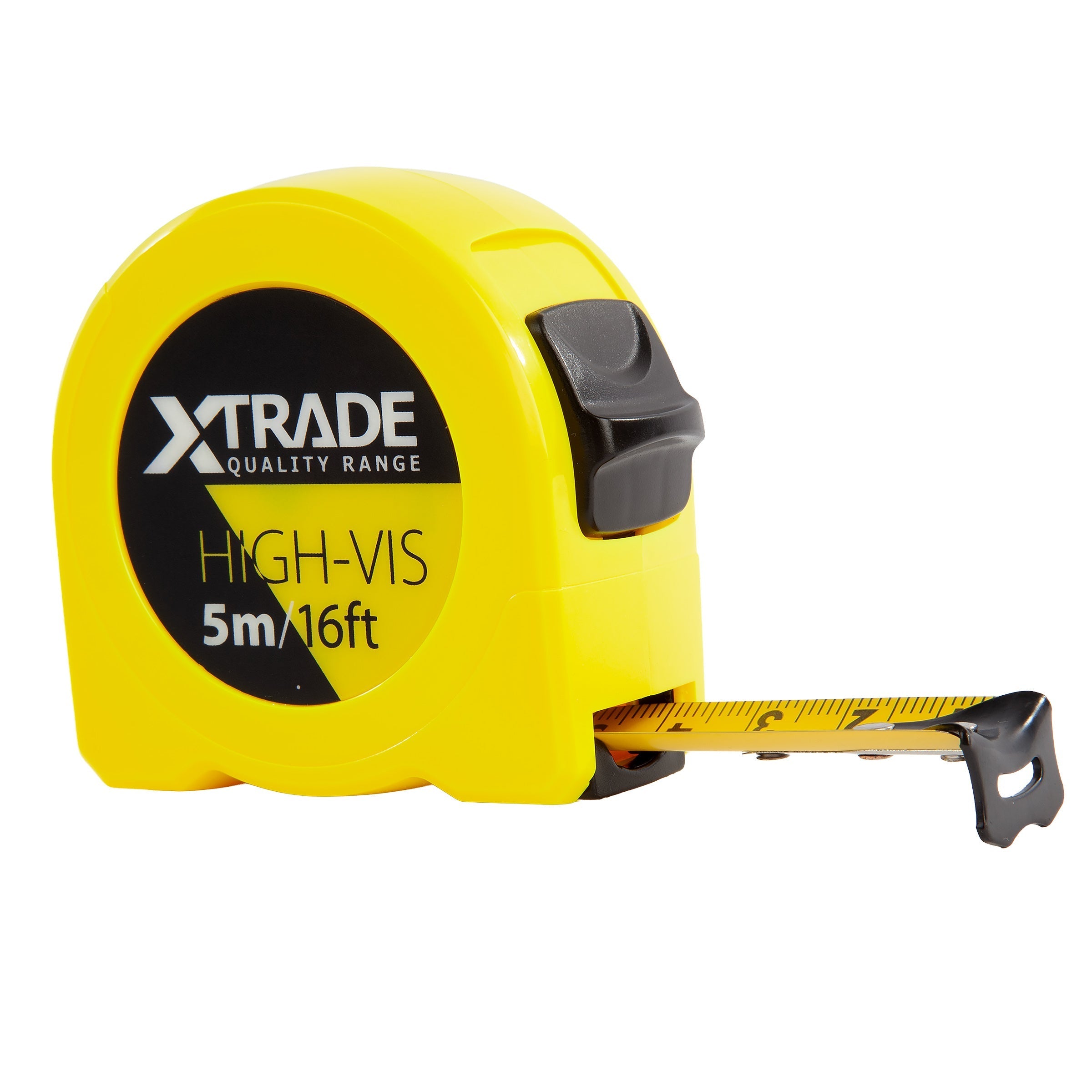 XTrade High-Vis 5m / 16ft tape measure in yellow with the blade partly extended