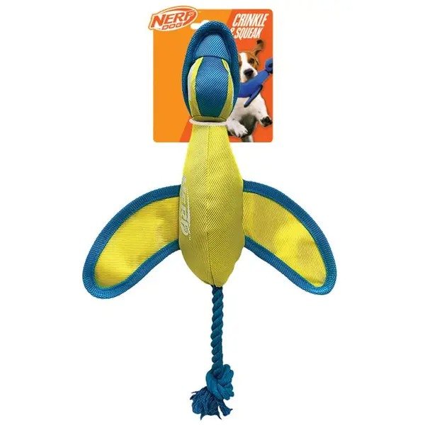 Nerf Dog Crinkle Wing Nylon Duck (non-launching) dog toy, 16.5 inch, blue and yellow