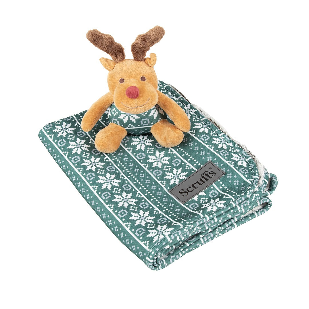 Scruffs Santa Paws Blanket & Reindeer Antler Set – Green, Dog Gift Set