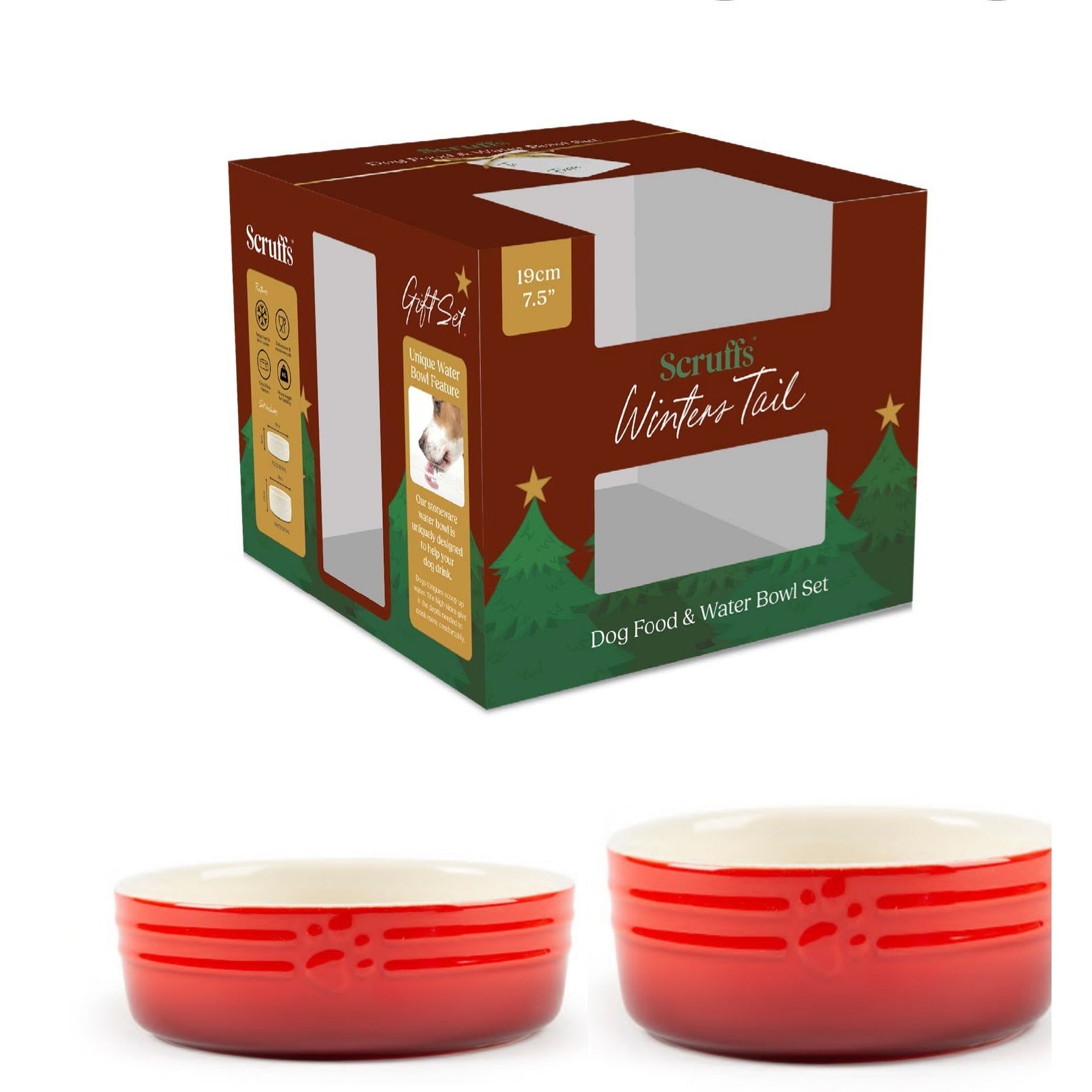 Scruffs Winters Tail Ceramic Bowl Set – Red, 15cm Festive Dog Bowl