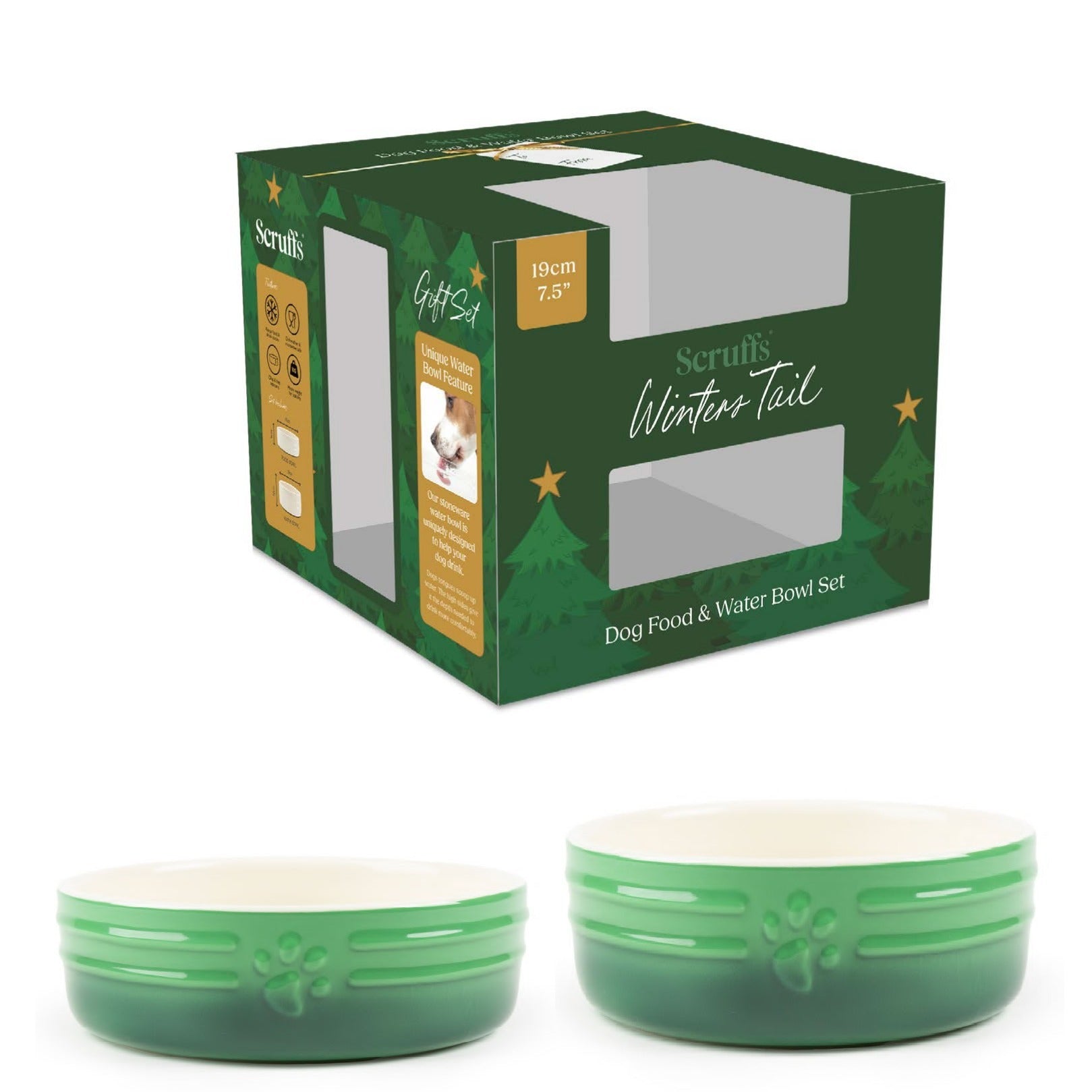 Scruffs Winters Tail Ceramic Bowl Set – Green, 15cm Festive Dog Bowl