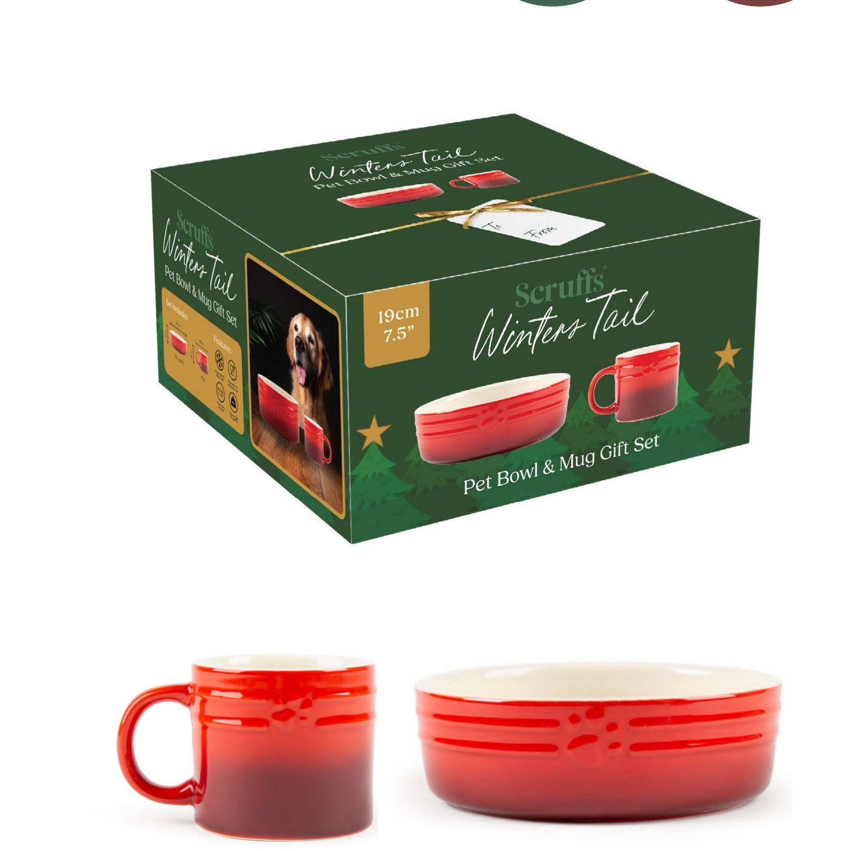 Scruffs Winters Tail Ceramic Bowl & Mug Set – Red, 15cm Pet & Owner Gift