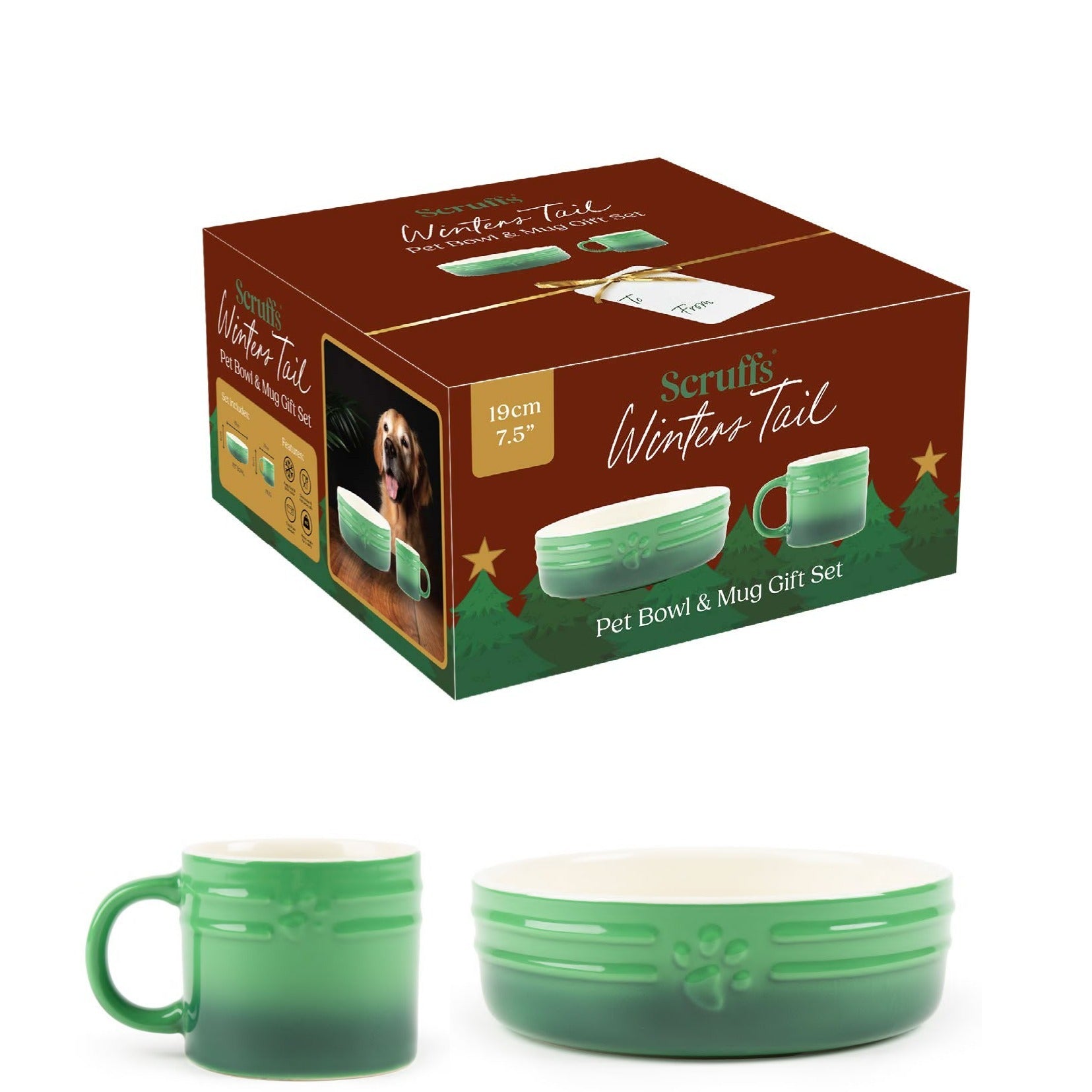 Scruffs Winters Tail Ceramic Bowl & Mug Set – Green, 15cm Pet & Owner Gift