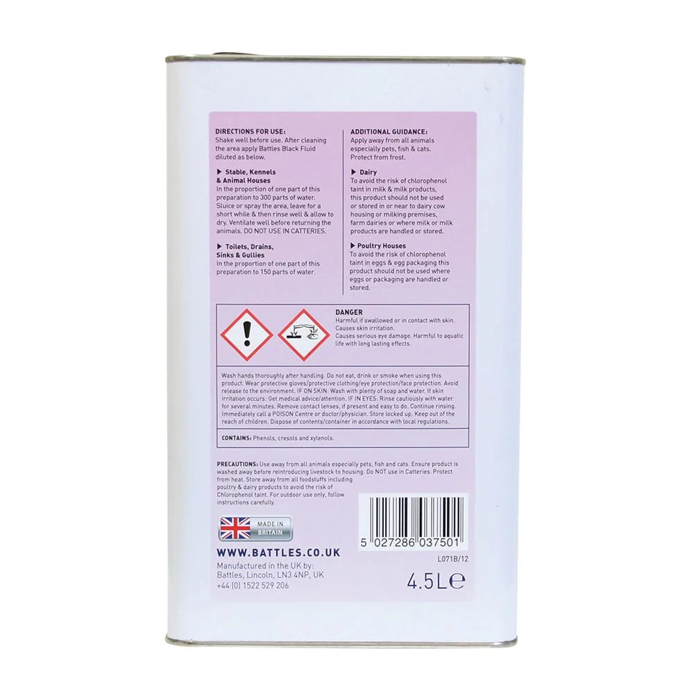 Battles Black Disinfectant Fluid – General Outdoor Stable & Kennel Cleaner 4.5L