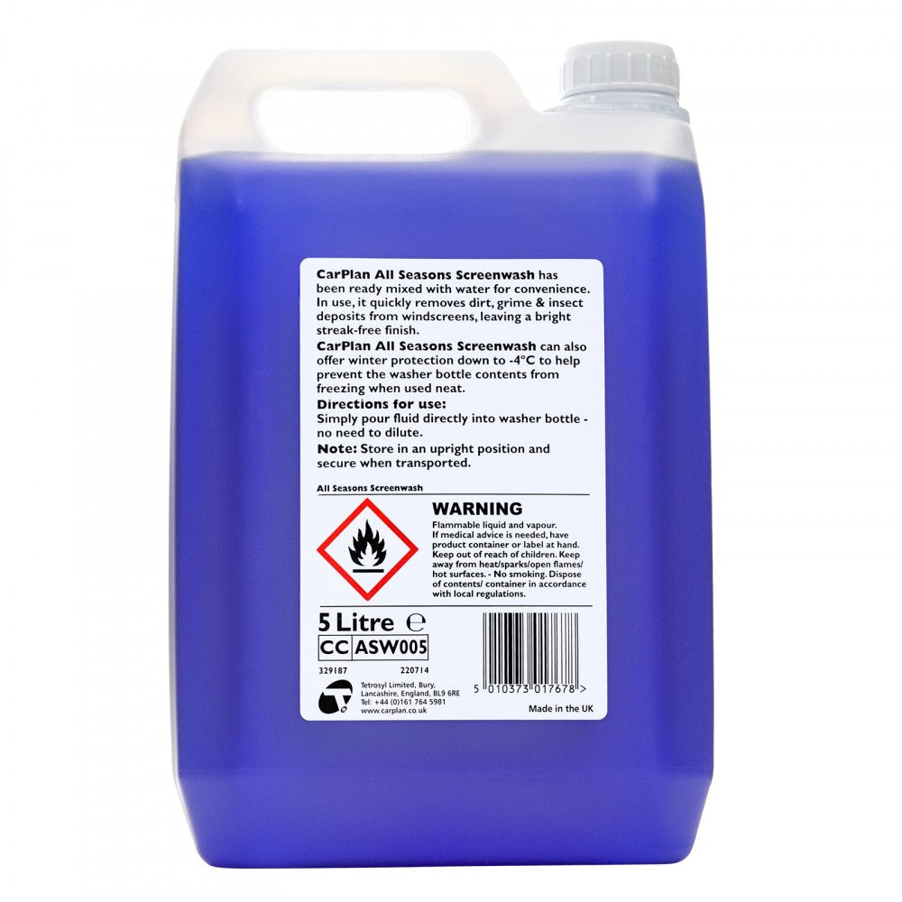 Back label of the CarPlan All Seasons Screenwash 5 litre with directions and warnings