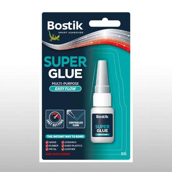 Bostik Super Glue Easy Flow 5g bottle in its blister pack, front view