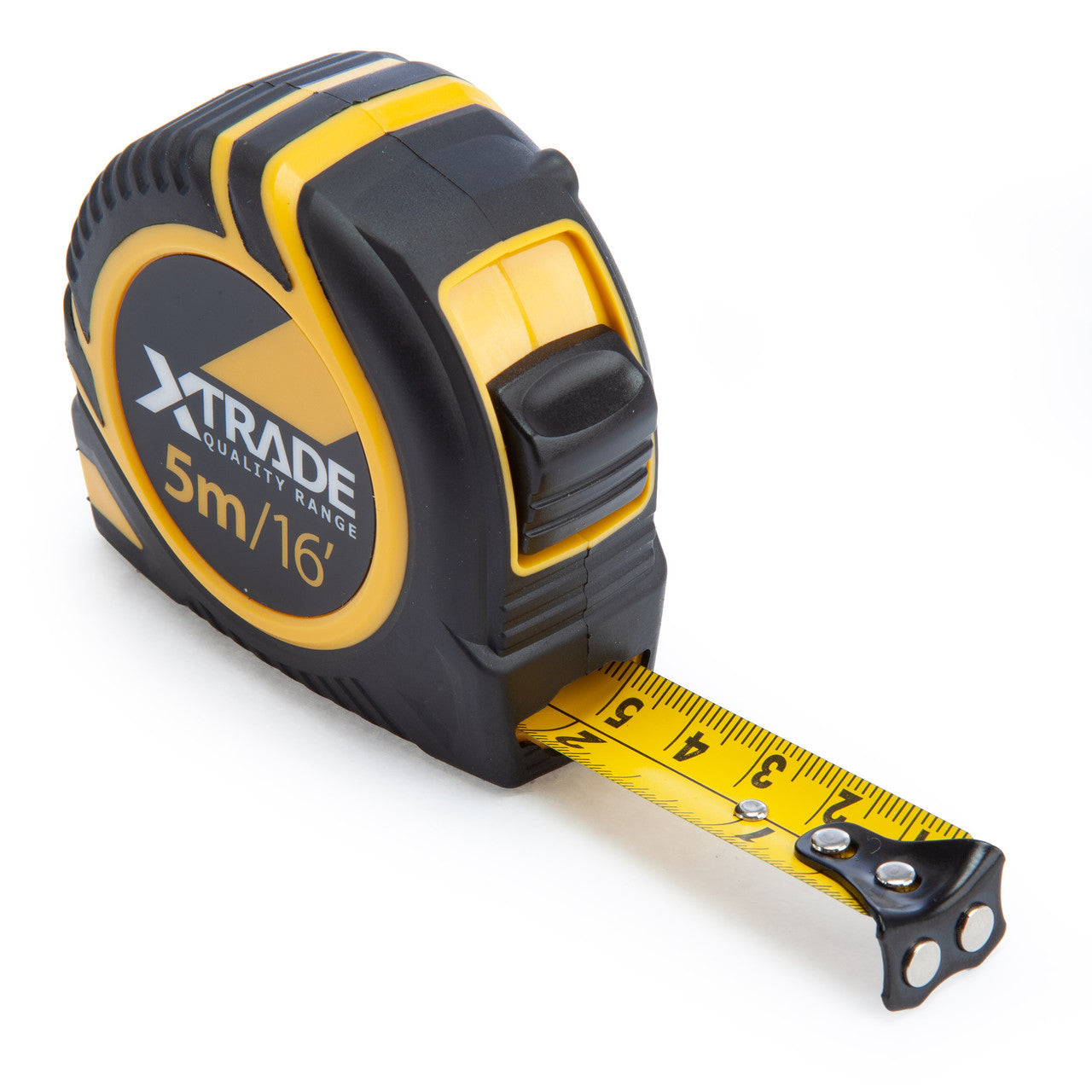 XTrade 5m / 16ft tape measure with black and yellow case, blade extended to show the magnetic tip