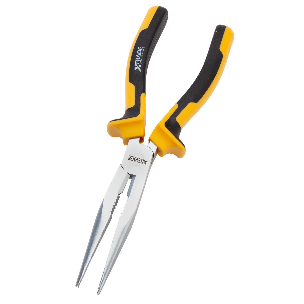 XTrade 8in / 200mm long nose pliers with yellow and black soft-grip handles, jaws open
