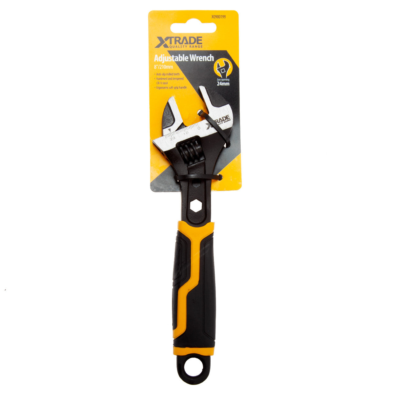 XTrade adjustable wrench 8in / 210mm on the XTrade card showing the 24mm jaw opening, code X0900199