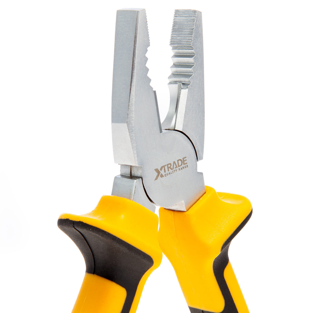 Close-up of the XTrade combination pliers jaws showing the milled gripping teeth