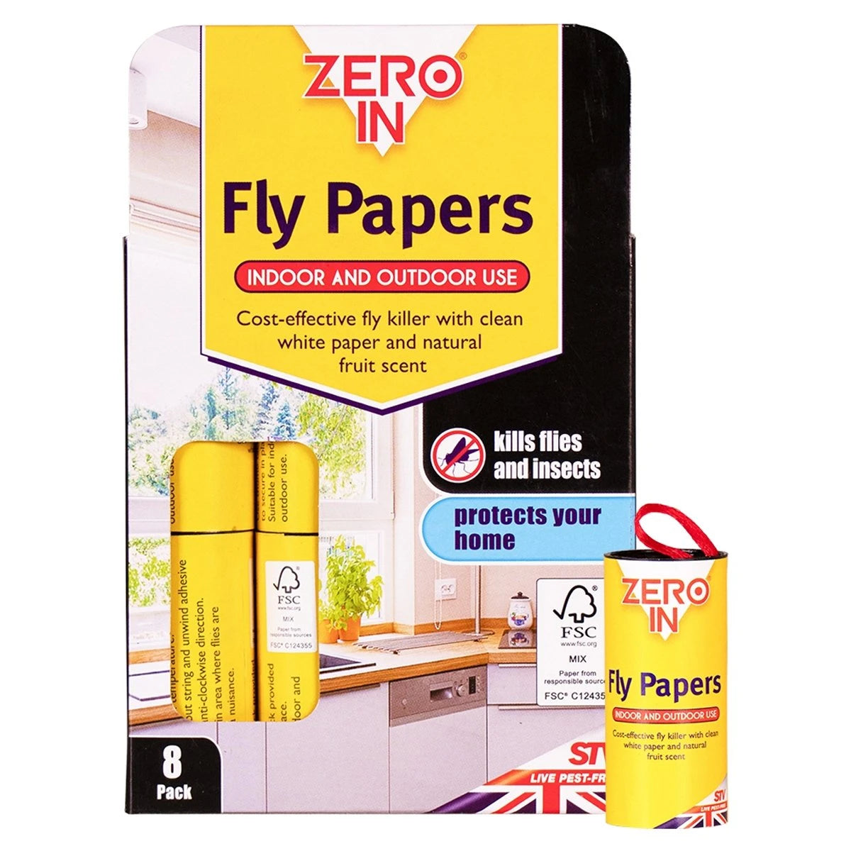 STV Zero In Fly Papers 8 Pack - Natural Attractant, Chemical-Free Indoor & Outdoor Fly Contro
