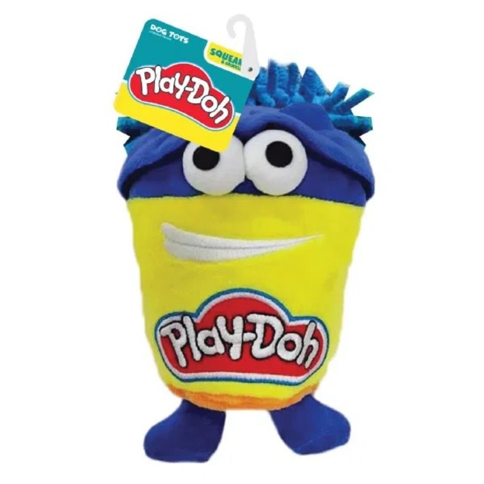 Hasbro Play-Doh Do-Doh squeak and crinkle plush dog toy, yellow and blue, 7 inches